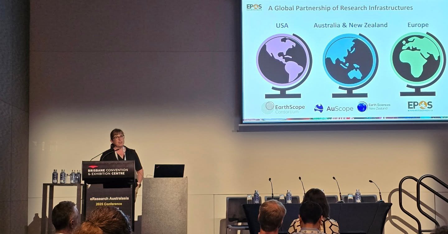 t is fantastic to have Helen Glaves on this side of the planet talking at #eResearch about global collaboration between #EPOS AuScope @gnsscience and @earthscope_sci Towards building a GRI for solid earth sciences.