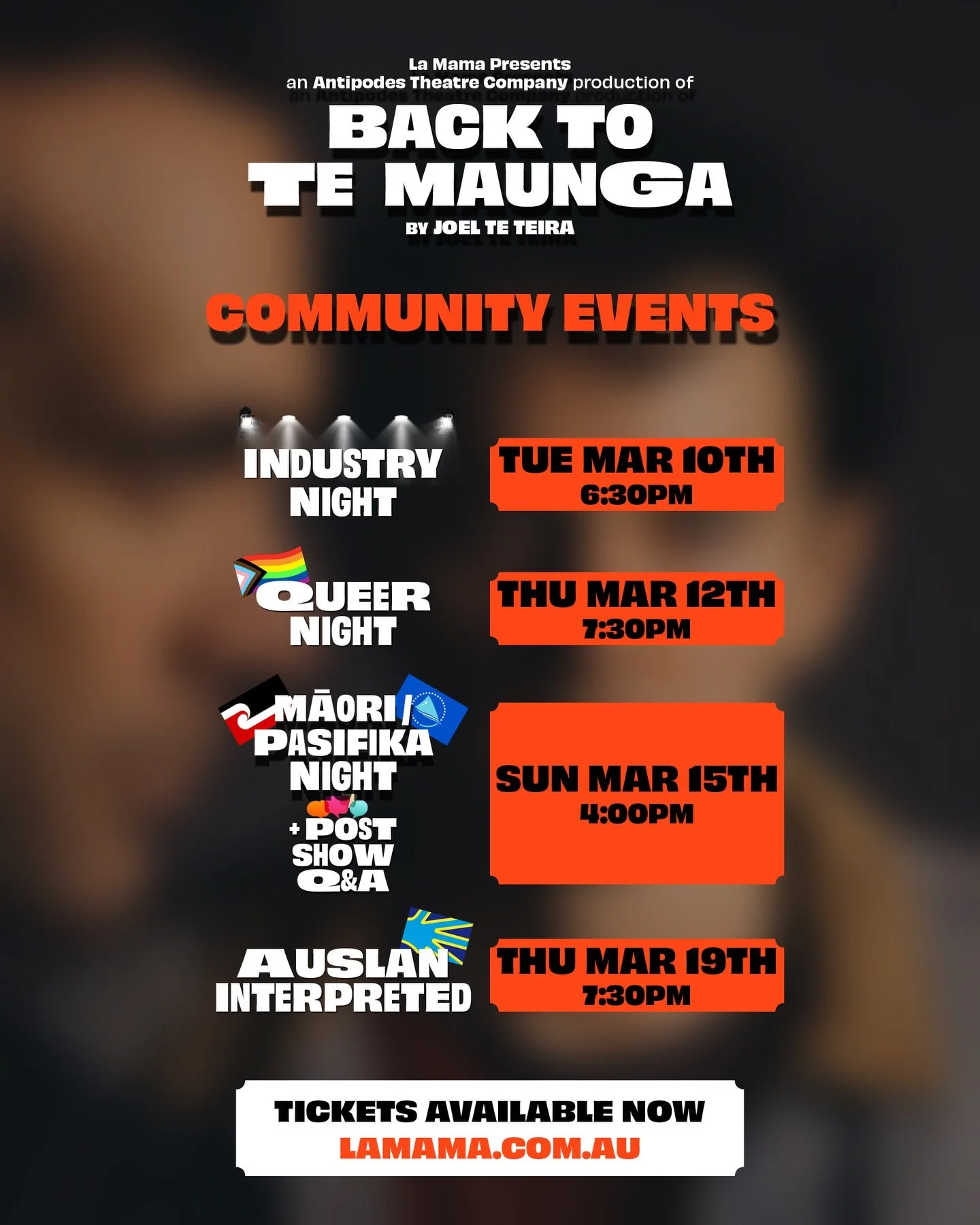 ⛰️⛰️ Community Events for Back to Te Maunga ⛰️⛰️

Tue Mar 10th 6:30pm💡 INDUSTRY NIGHT 💡
Connect with other artists from the performing arts community.

Thu Mar 12th 7:30pm 🏳️&zwj;🌈 QUEER NIGHT 🏳️&zwj;⚧️
Show your pride alongside other members of