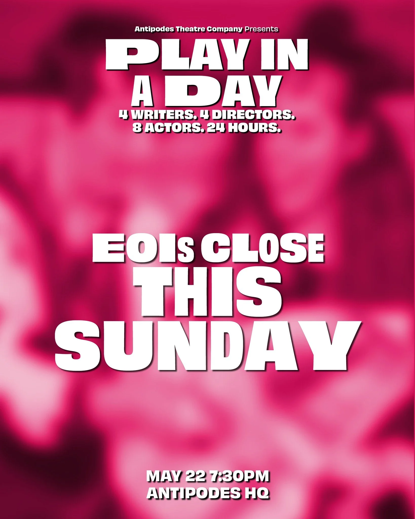 🎭🎭 EOIs due this Sunday! 🎭🎭

Play in a Day: A creative marathon where four writers, four directors and eight actors have a combined 24hours to write, rehearse and stage original 10-minute plays. (What could go wrong?!) This whirlwind showcase bri