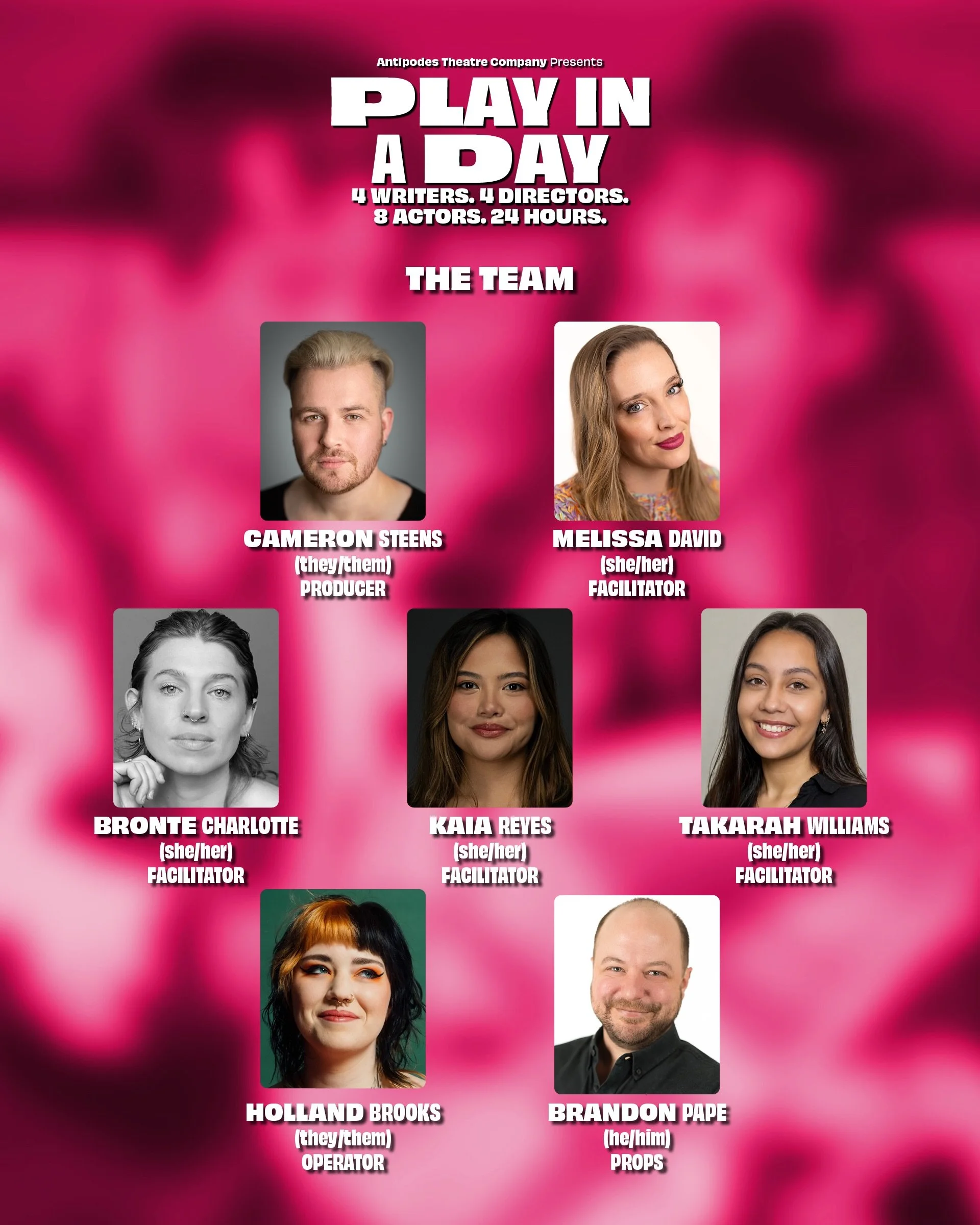 🎭🎭 The BTS Team 🎭🎭

It takes a village! Thrilled to have such an amazing team helping out on this whirlwind! 🧡🥰🧡 Tickets on sale now!

The Team:
Producer: Cameron Steens (they/them) @cameronsteens
Facilitators: Bronte Charlotte (she/her) @bron