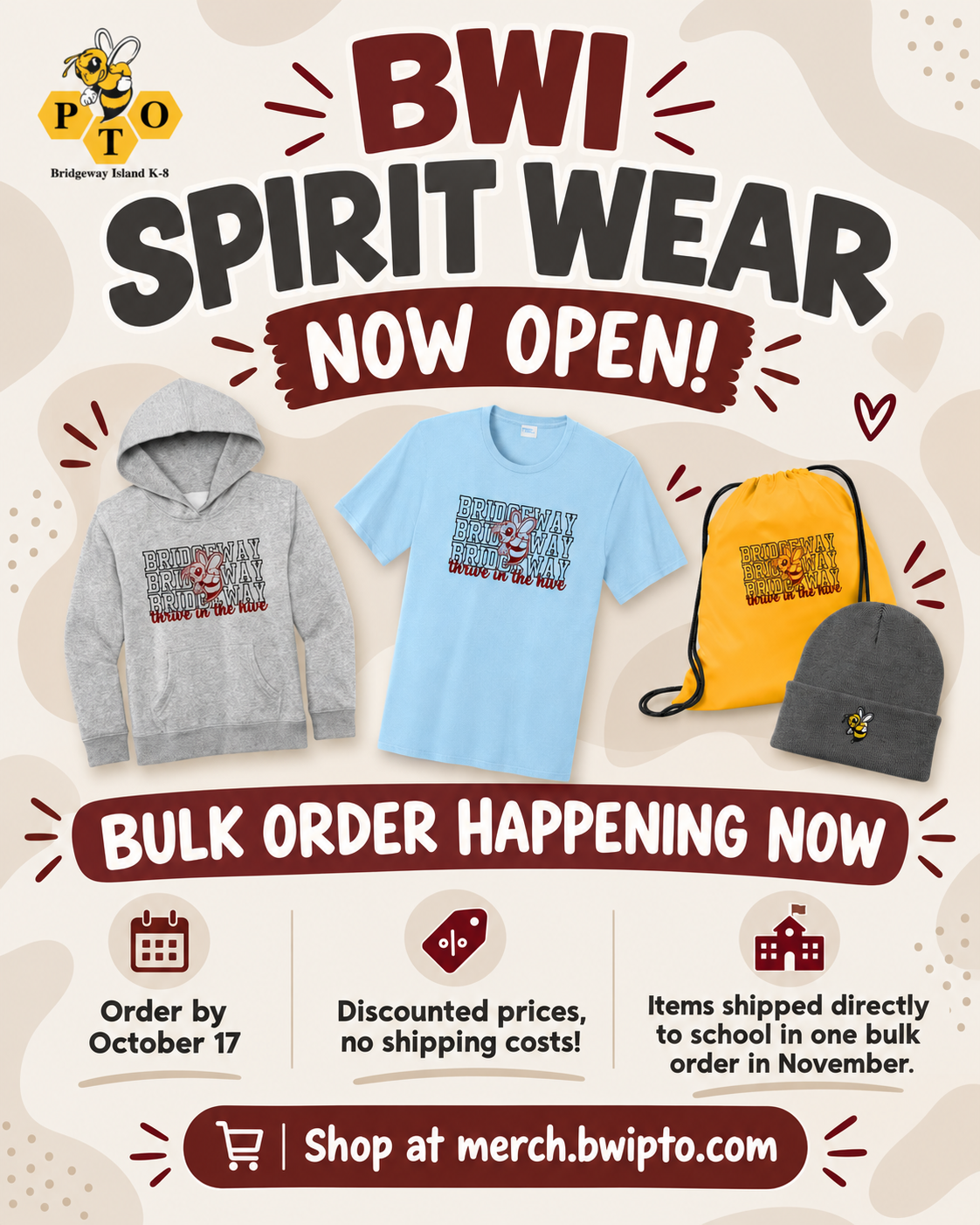 BWI PTO Merch Store Now Open. Visit merch.bwipto.com