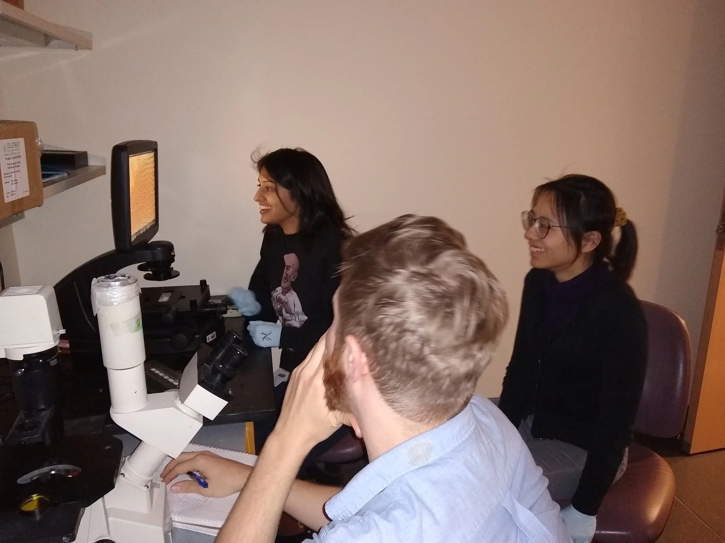 Deepti, Luhong and Adam checking out droplet occupancy