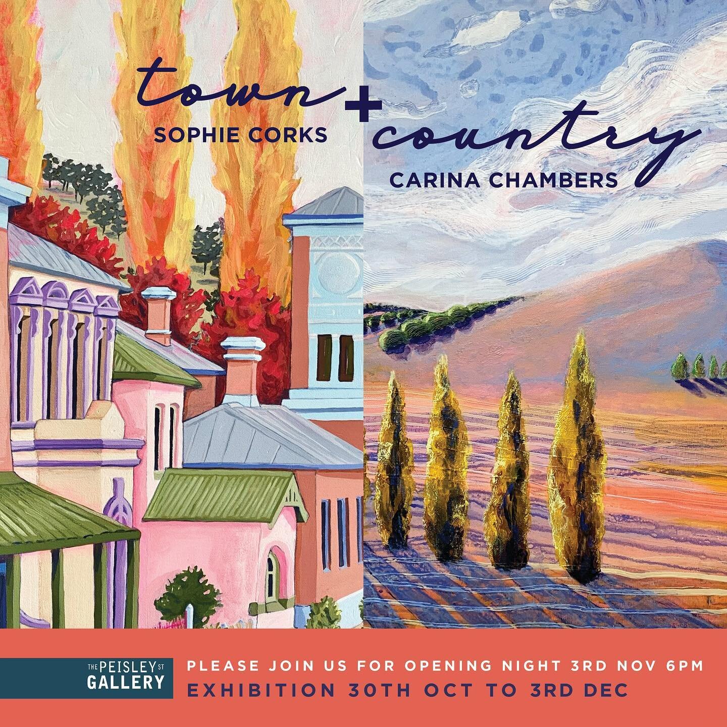 You&rsquo;re invited! 
Our TOWN + COUNTRY exhibition is almost here! So, excited, scared and absolutely bloody nervous! 
This my biggest exhibition yet and thrilled to be showing alongside the incredible @carinachamberscreative at @thepeisleystgaller