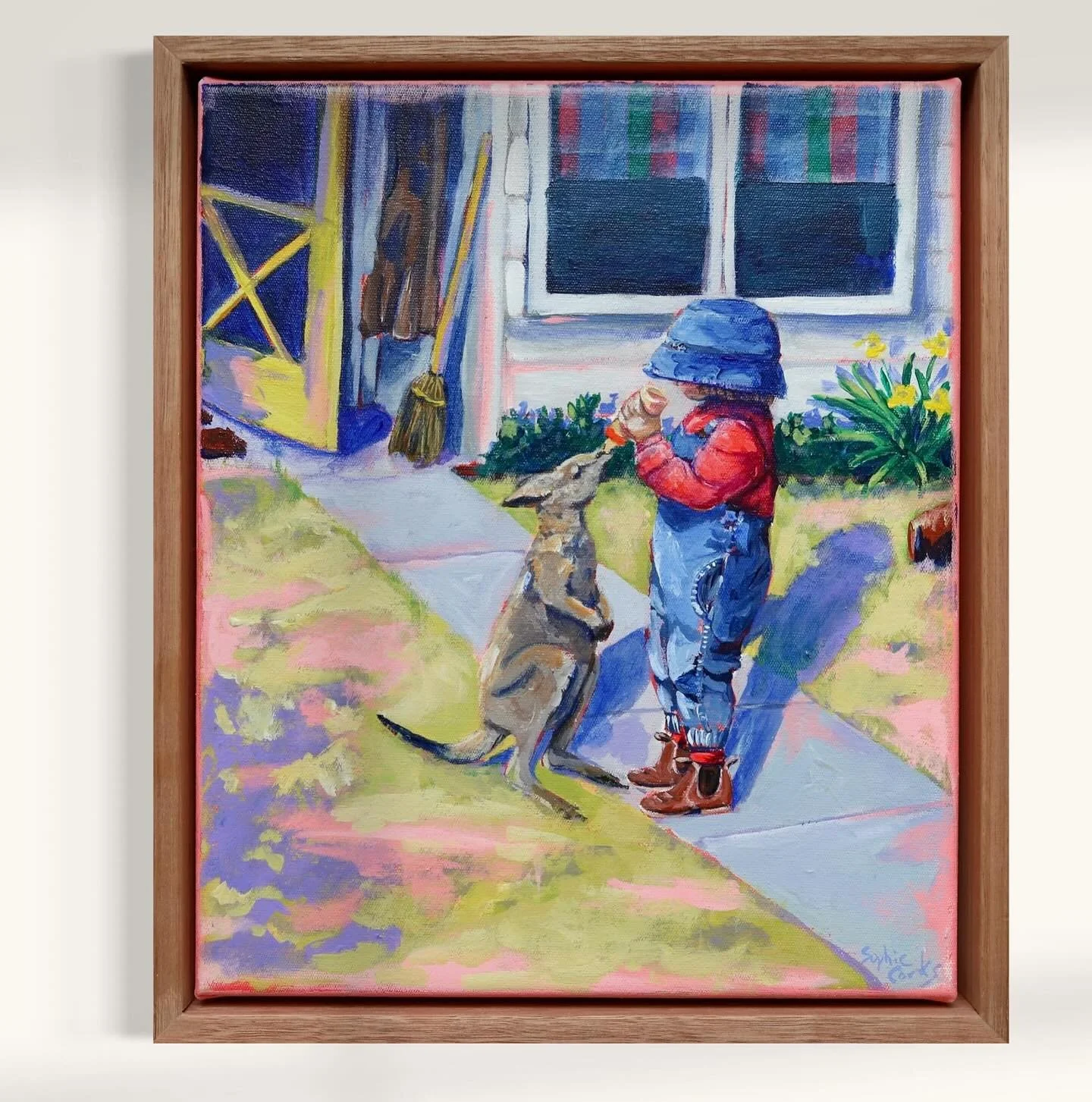 Many special moments and memories all wrapped up in this mini painting. 
28x33cm 
Available via @ourgallerymilton as part of my solo exhibition &lsquo;home&rsquo;. 
Link in bio. 

#80skid #farmkid #petkangaroo #australianverandah #australiancountryst