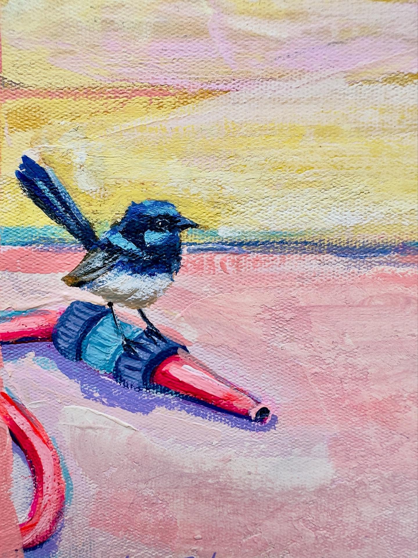 &lsquo;Best Buds&rsquo; - see her @affordableartfairau stand B10 with @cornerstoregallery . 
She&rsquo;s one of my favs. 

#australiansuburbia #suburbanart #superbfairywren