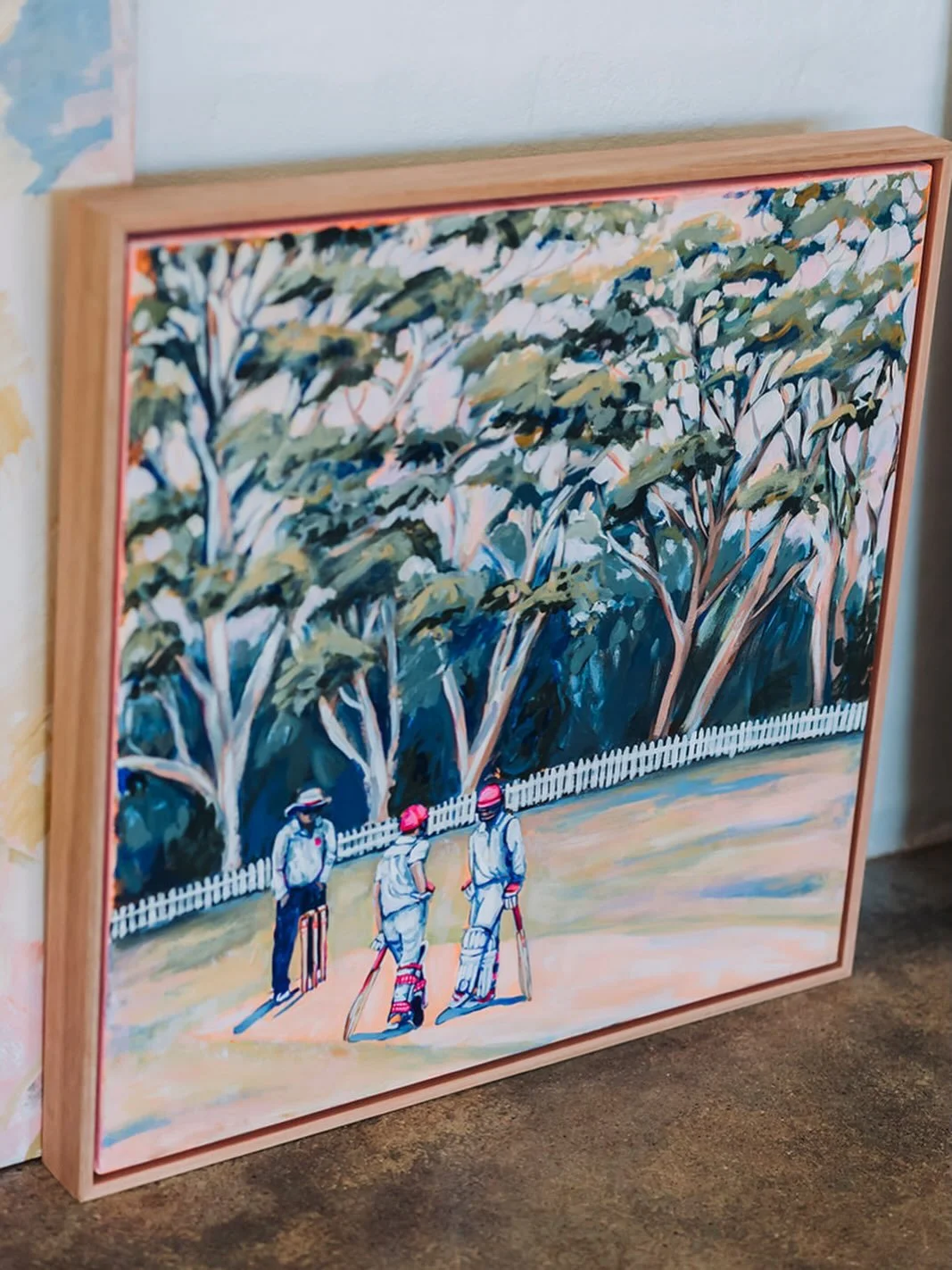 I painted this piece as part of a plein air experience I did last year. While I loved the experience, I felt the painting I did wasn&rsquo;t very me, so I decided to make into a country cricket scene instead and kept some of the original landscape in