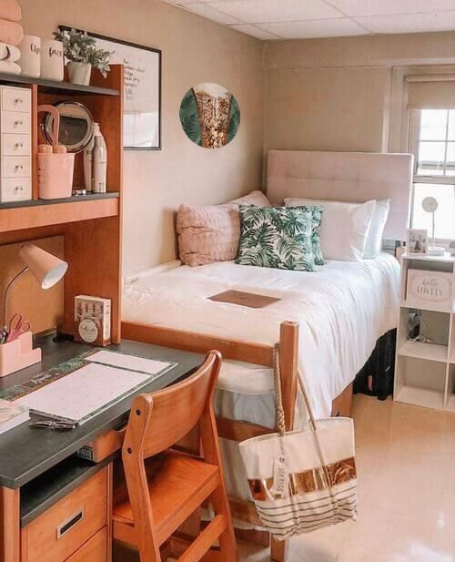 Dorm room with a waterfall and fern art design removable wall decal.
