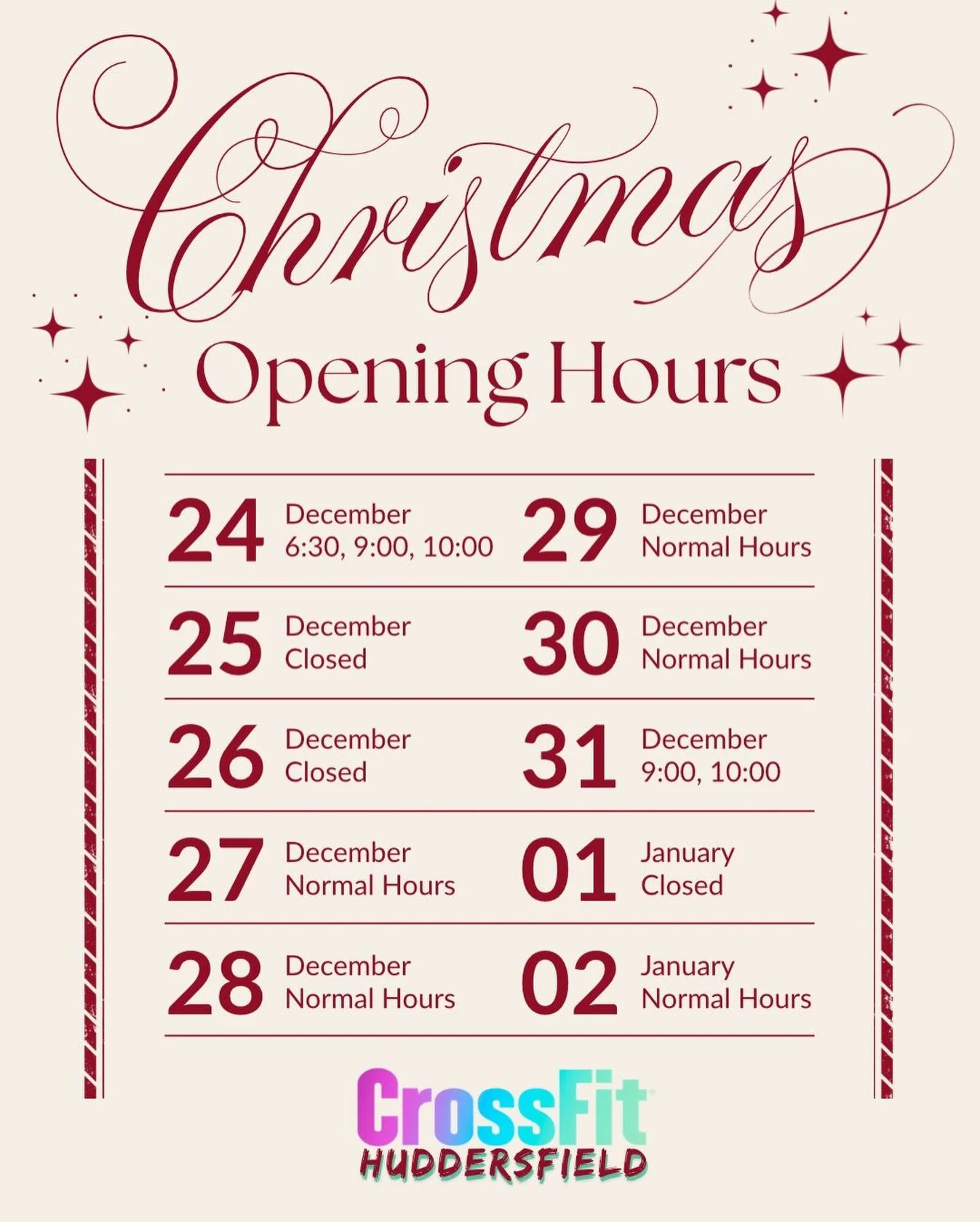 🎄 Christmas &amp; New Year Opening Hours 🎄

Here&rsquo;s how we&rsquo;re moving over the festive period at CrossFit Huddersfield 💪✨
Swipe/save so you don&rsquo;t miss a session 👀

🕒 Classes + Open Gym
Open gym will be available during the same h