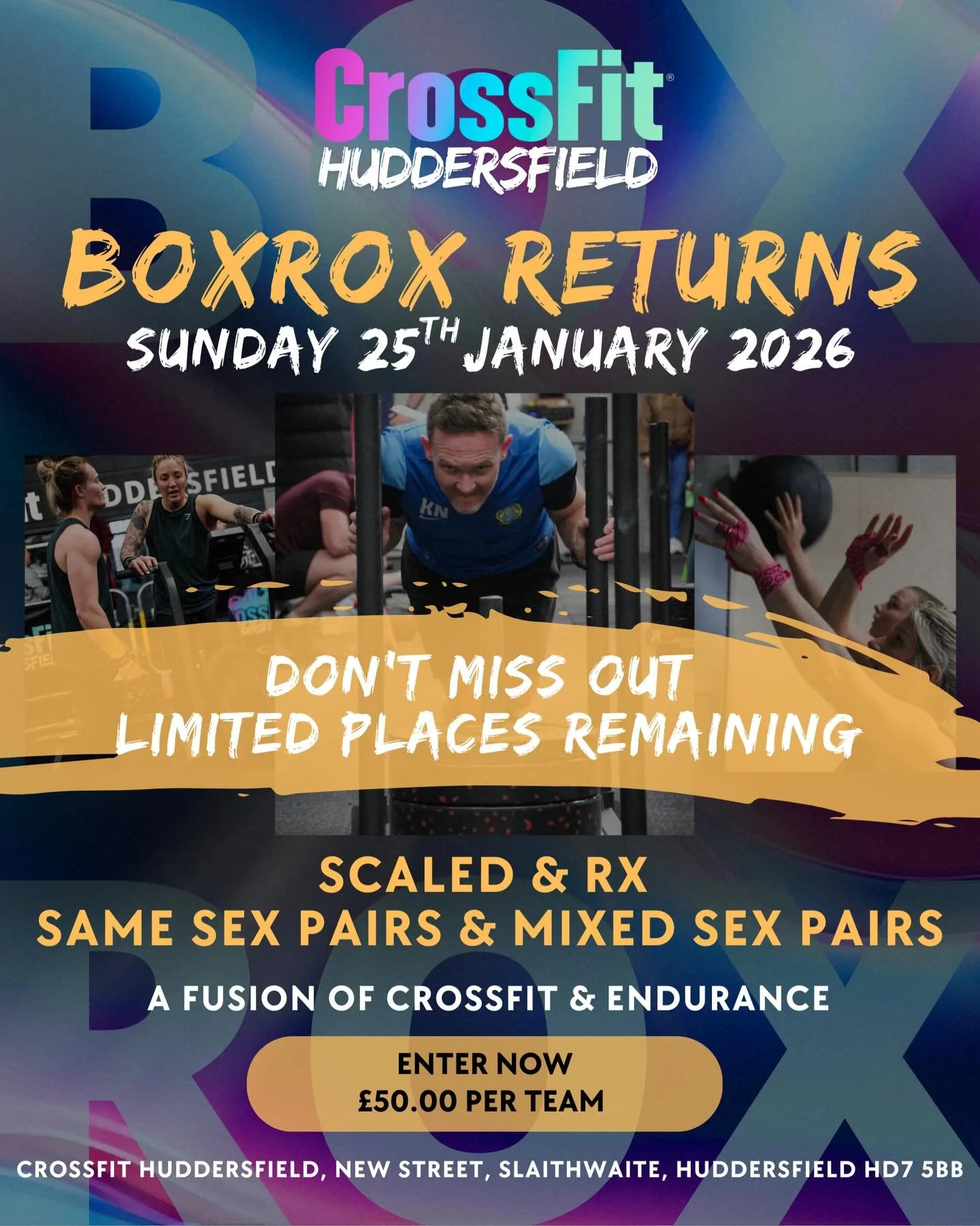 DON&rsquo;T MISS OUT!
BOXROX RETURNS! 💥
Sunday 25th January 2026 &mdash; and we&rsquo;re coming in hot.
Scaled or RX, same-sex pairs or mixed&hellip; it&rsquo;s time to see what you and your partner are made of 🔥 (mixed pairs use men&rsquo;s weight
