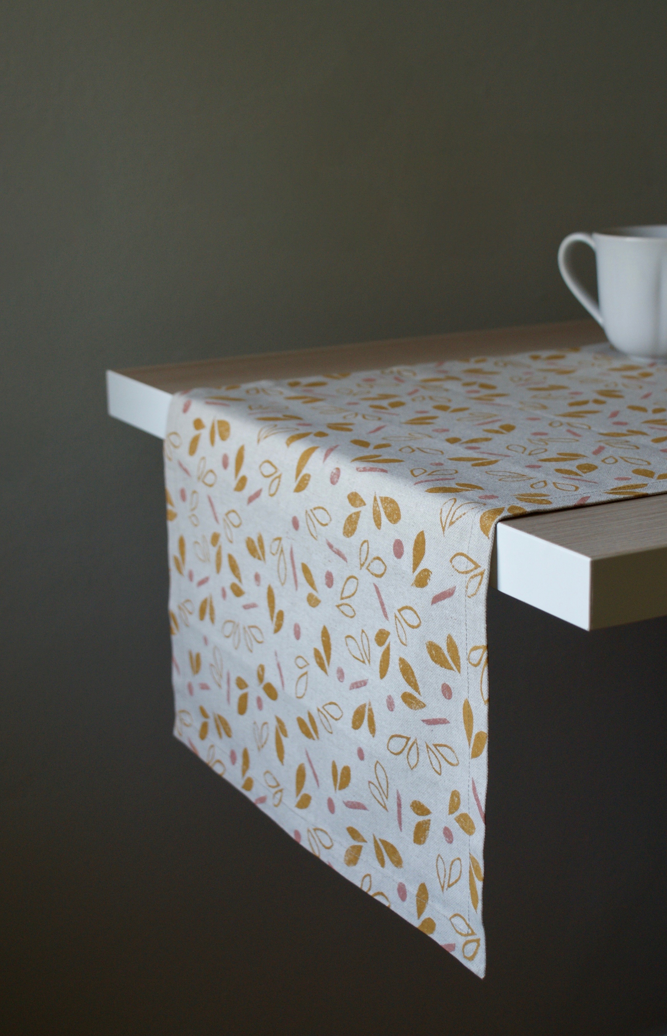 Block printed Spring Bud Table Runner // Cotton Linen Print Runner. 170cm / 245cm Runner. Handmade Table Linen. Hand printed Fabric Pattern. Handmade in Derbyshire. Selwyn House Tableware.
