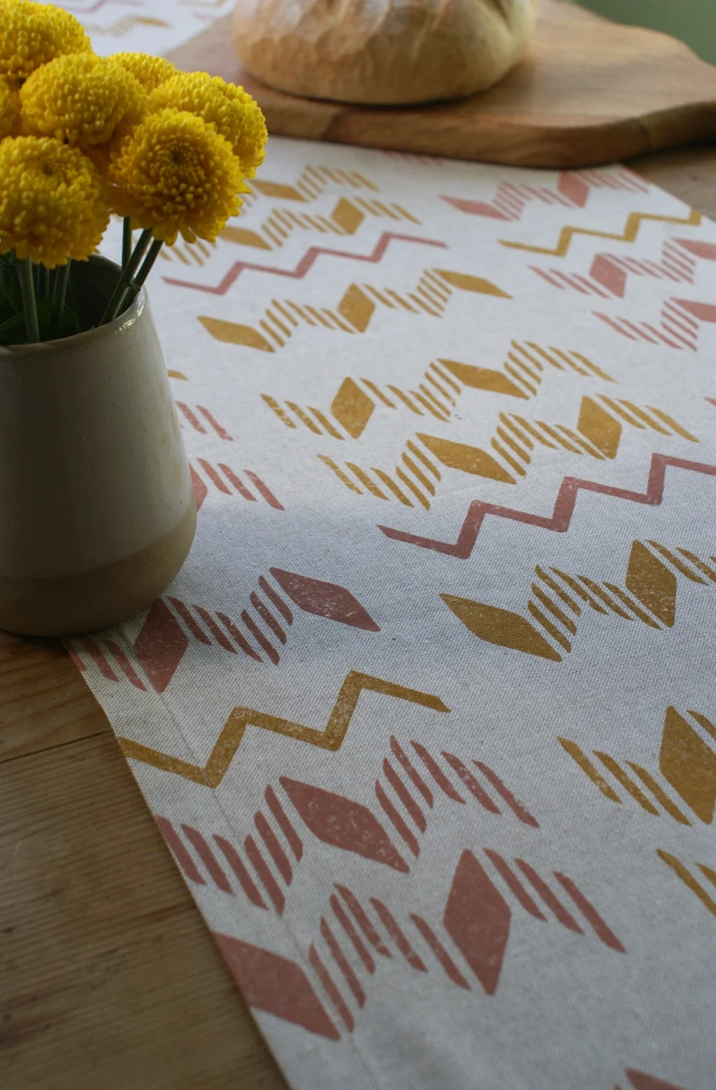 Block printed ZigZag Table Runner // Cotton Linen Print Runner. 170cm / 245cm Runner. Handmade Table Linen. Hand printed Fabric Pattern. Handmade in Derbyshire. Selwyn House Tableware.