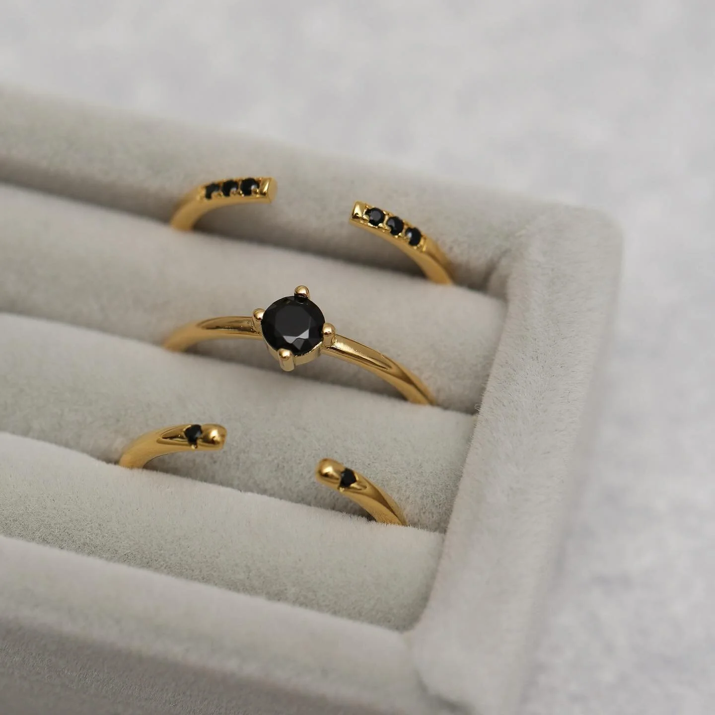 Black and Gold. Featured in our Triple Black Pave CZ Open Cuff Ring 4mm Black CZ Prong Ring Black CZ Solitaire Open Cuff Ring. Learn more &mdash; tap for details or link in bio @thesisofalexandria 📸: @chensams0n
