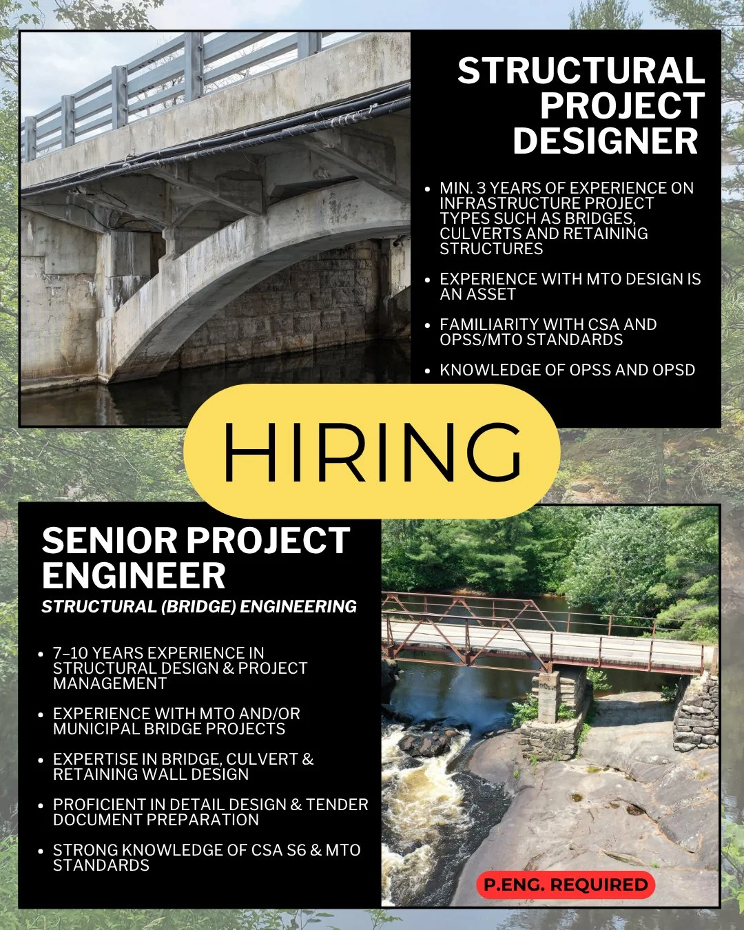 We&rsquo;re hiring!

Join the D.M. Wills team as a Senior Structural (Bridges) Engineer or Structural Project Designer (Civil Tech.) and help shape the infrastructure that keeps communities across Ontario connected and safe.

Why these roles matter:
