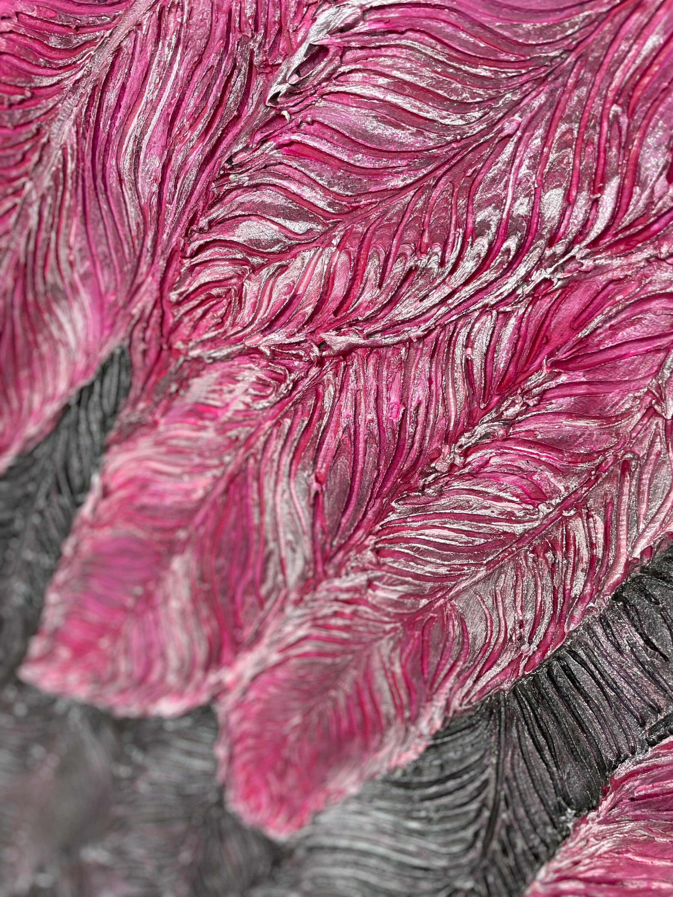 Textured feathers. They are painted in combination of fuchsia pink, black and shimmering silver.
