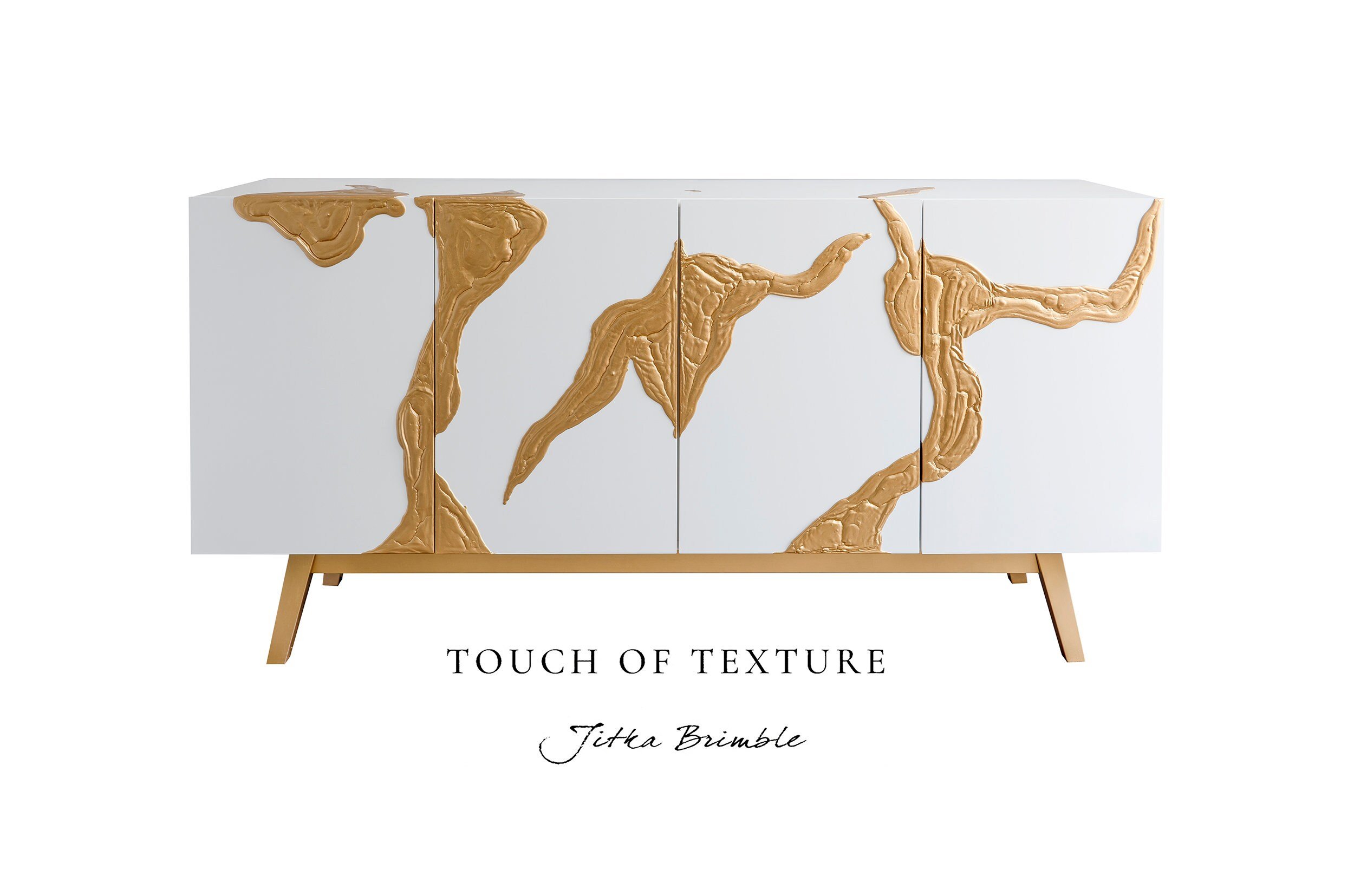 The custom-made white sideboard with abstract gold patterns, aptly named Touch of Texture by Jitka Brimble, epitomizes bespoke furniture craftsmanship.