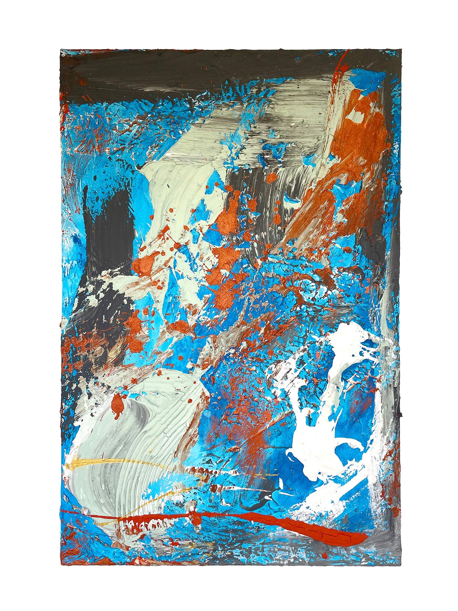 Abstract painting with vibrant swirls of blue, orange, white, and gray. The colors are blended and layered, creating dynamic movement and texture across the canvas.