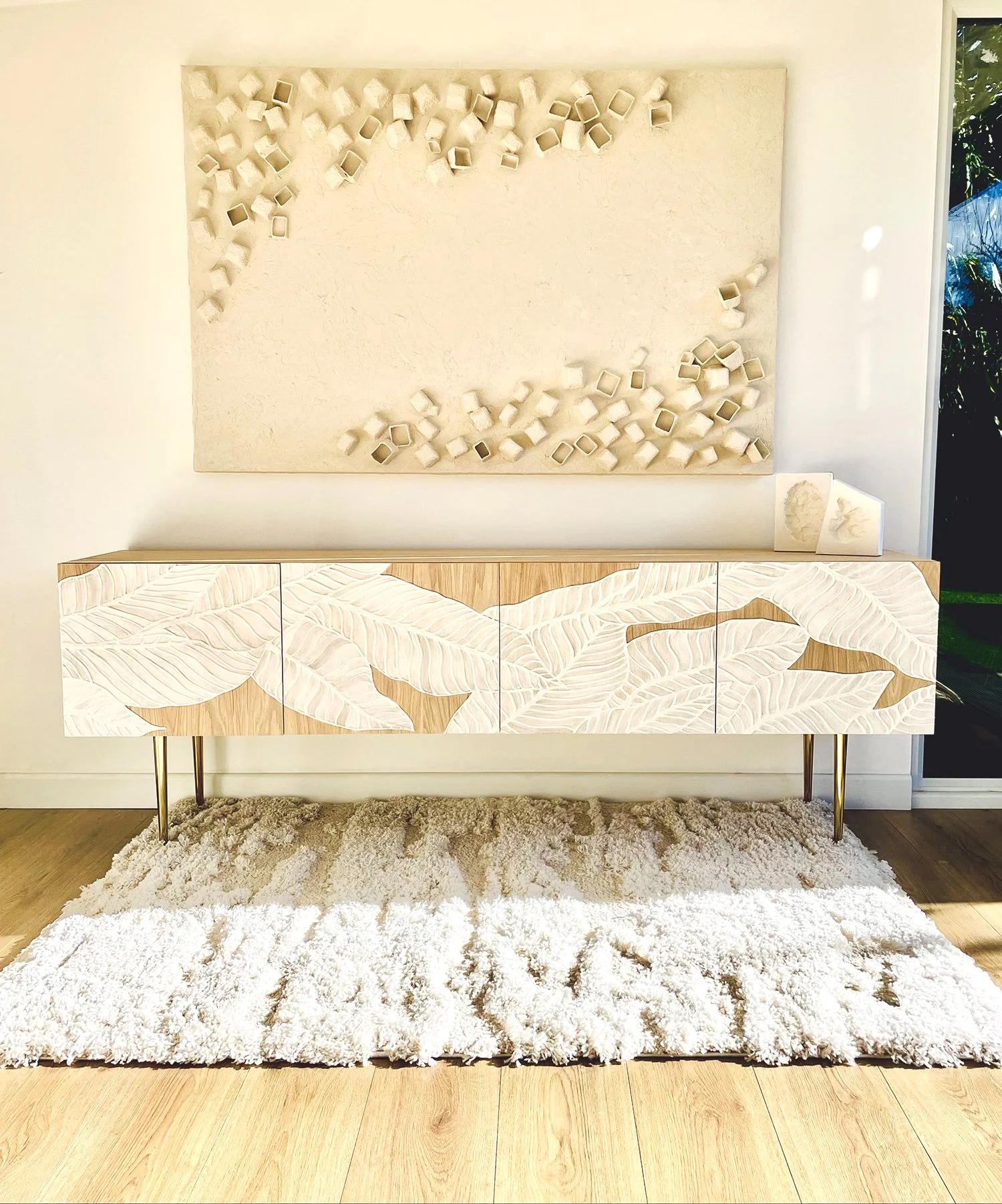 Oak sideboard with textured, beige ,large leaves