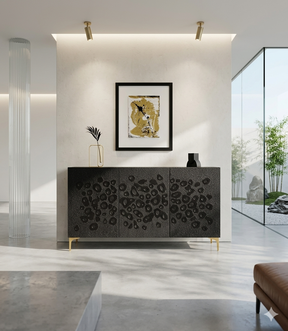 The Obsidian Eclipse bespoke hand-textured black sideboard in a modern minimalist interior.