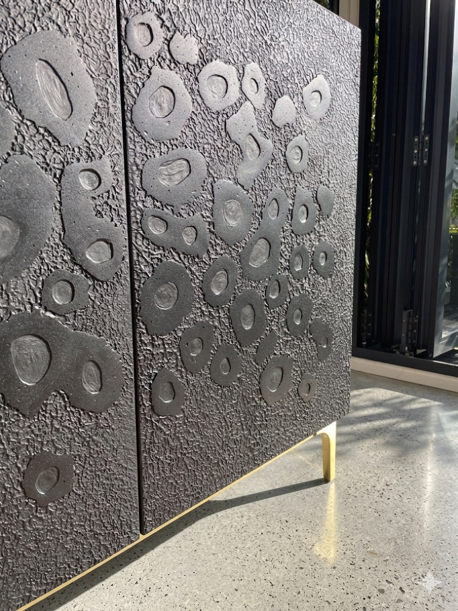 Macro view of artisanal hand-applied volcanic texture on a matte black designer cabinet.