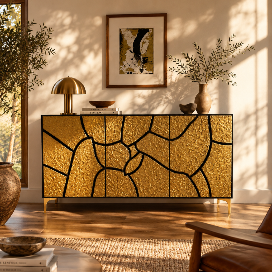 Interior photo featuring a textured gold and black sideboard with three doors.
