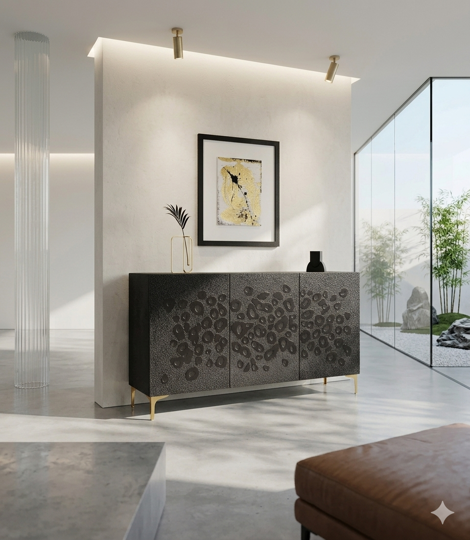 Contemporary 3D textured black credenza with gold legs showing sculptural relief patterns.