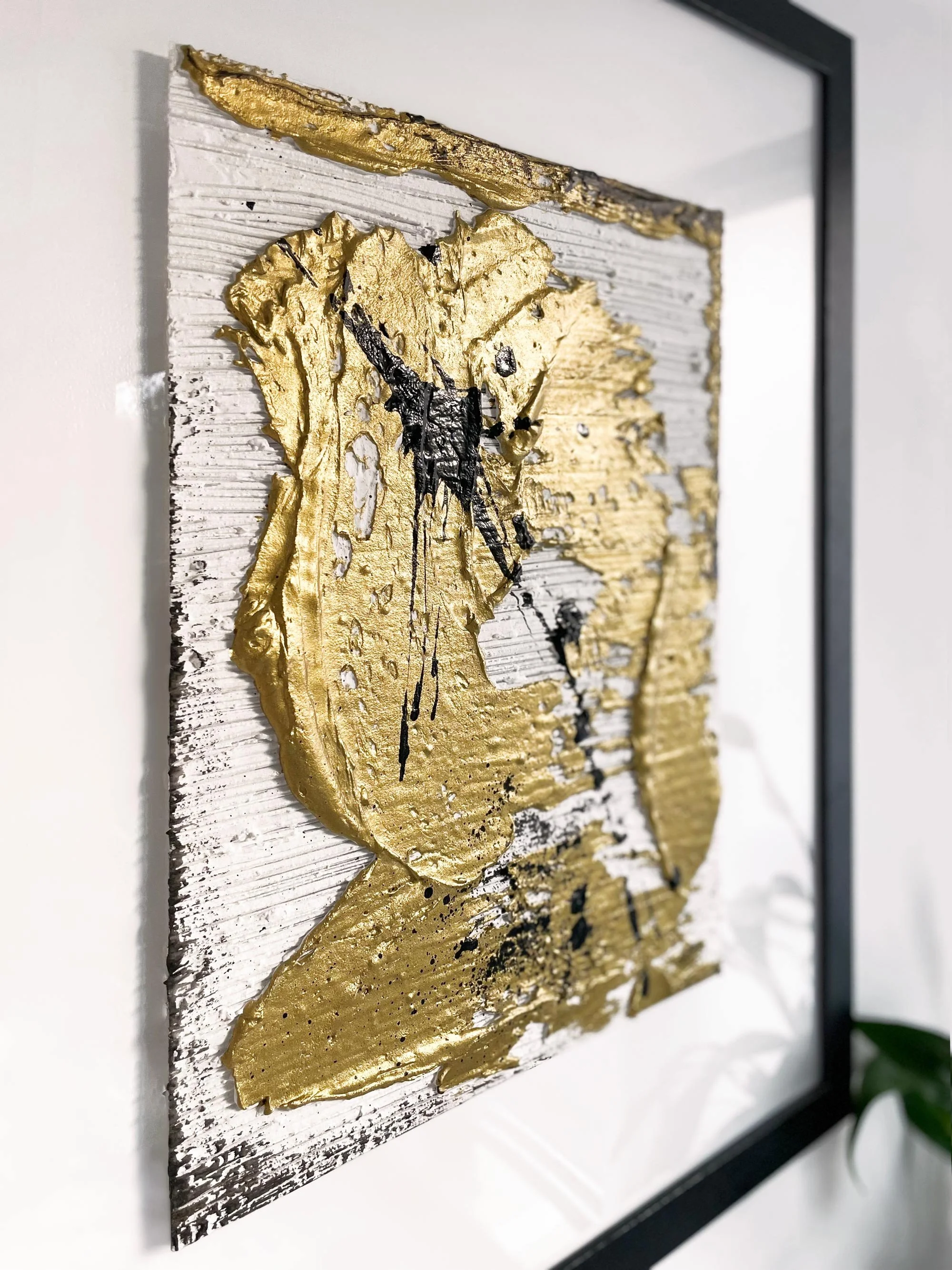 Handcrafted original textured art piece with gold accents.