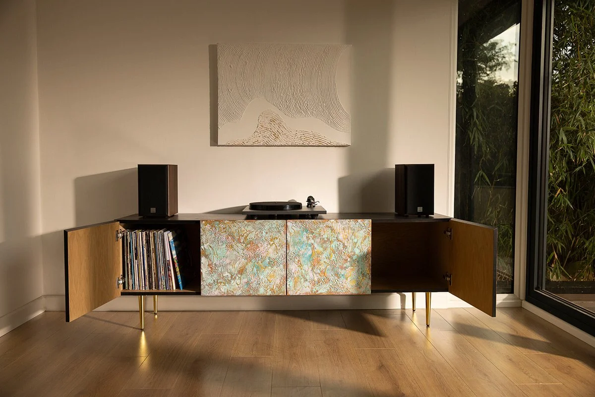 Interior of Nebula Dawn record storage: A full view with two doors open, showcasing the reinforced internal shelving designed for heavy 12-inch vinyl collections.