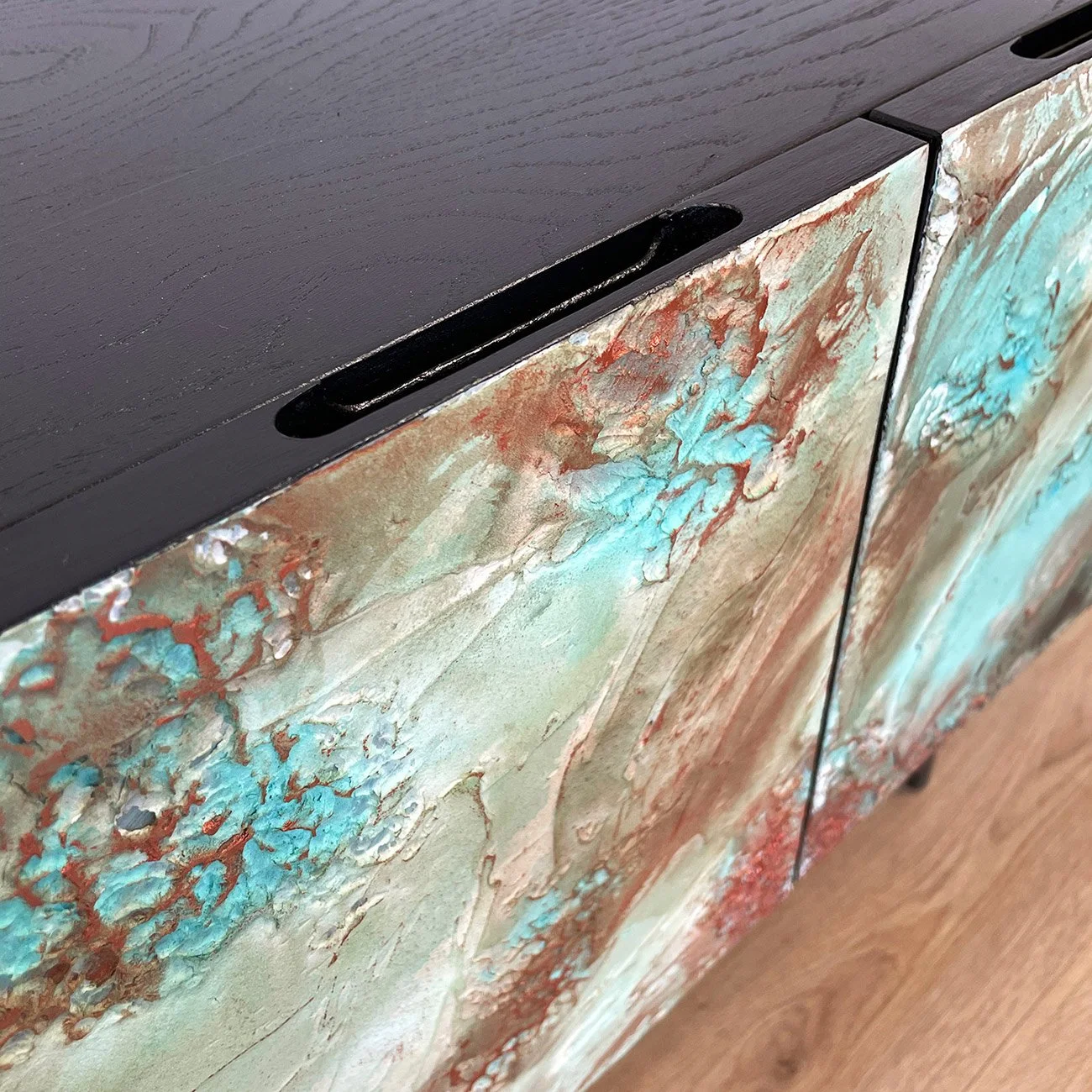A full-size front photo of the 200cm "Oxidised Nebula" sideboard, showcasing the 4-door layout and the continuous emerald and verdigris green textured patina across the facade.