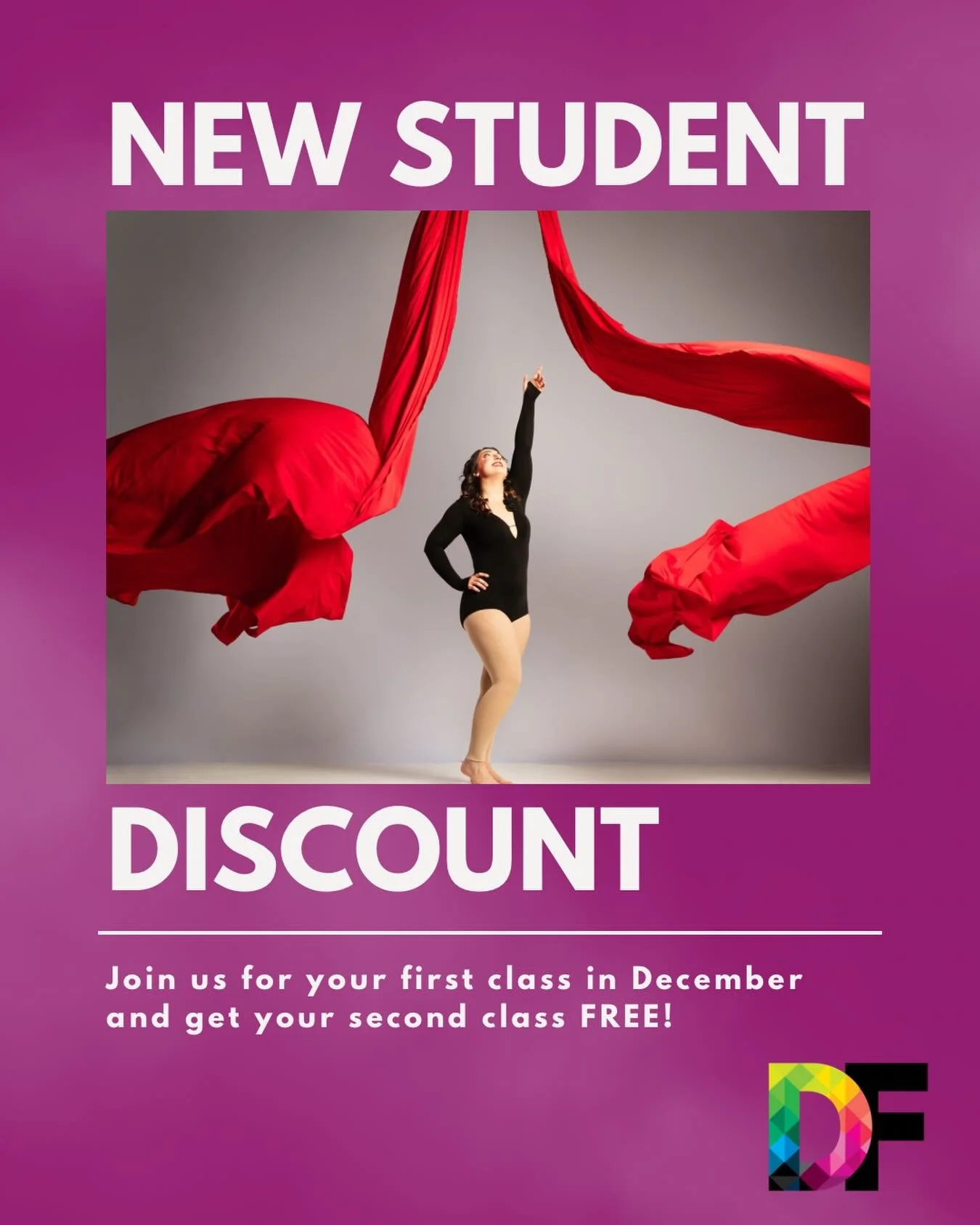 Finish 2025 strong by trying something new! All December long new Dimension students will receive a free class with the purchase of a punch card or drop in class. 

First class must be taken in the month of December. Talk with a staff member to make 