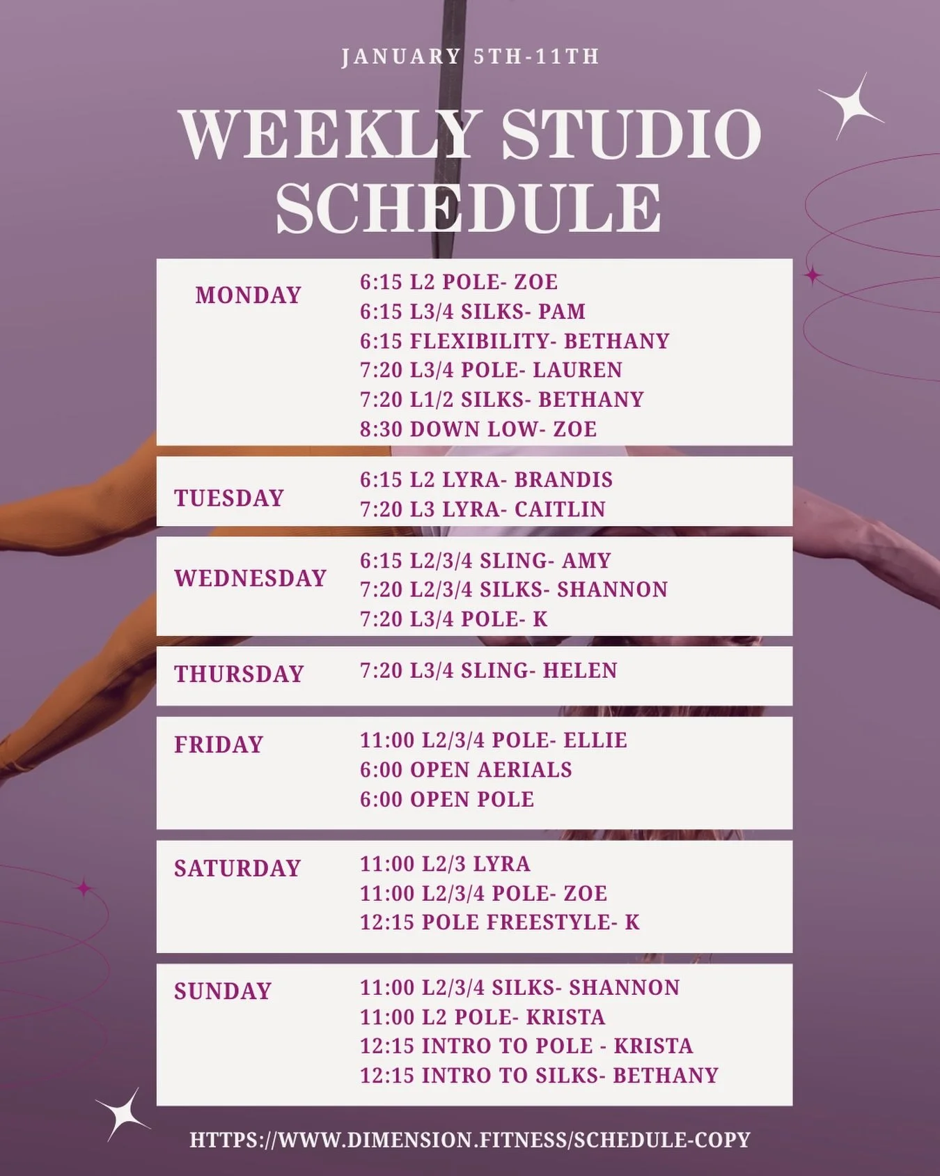 Class Schedule for the week of January 5th🩷

Our instructors this week:
@sistasolee 
@fierydancer15 
@oops.its.boops 
@flying.frooski 
@brandisnicole93 
@calia.nyx.aerials 
@amy_hzog 
@shanshan6 
@poleitical 
@helenaerialaddict 
@ellie.aerials 
@_th