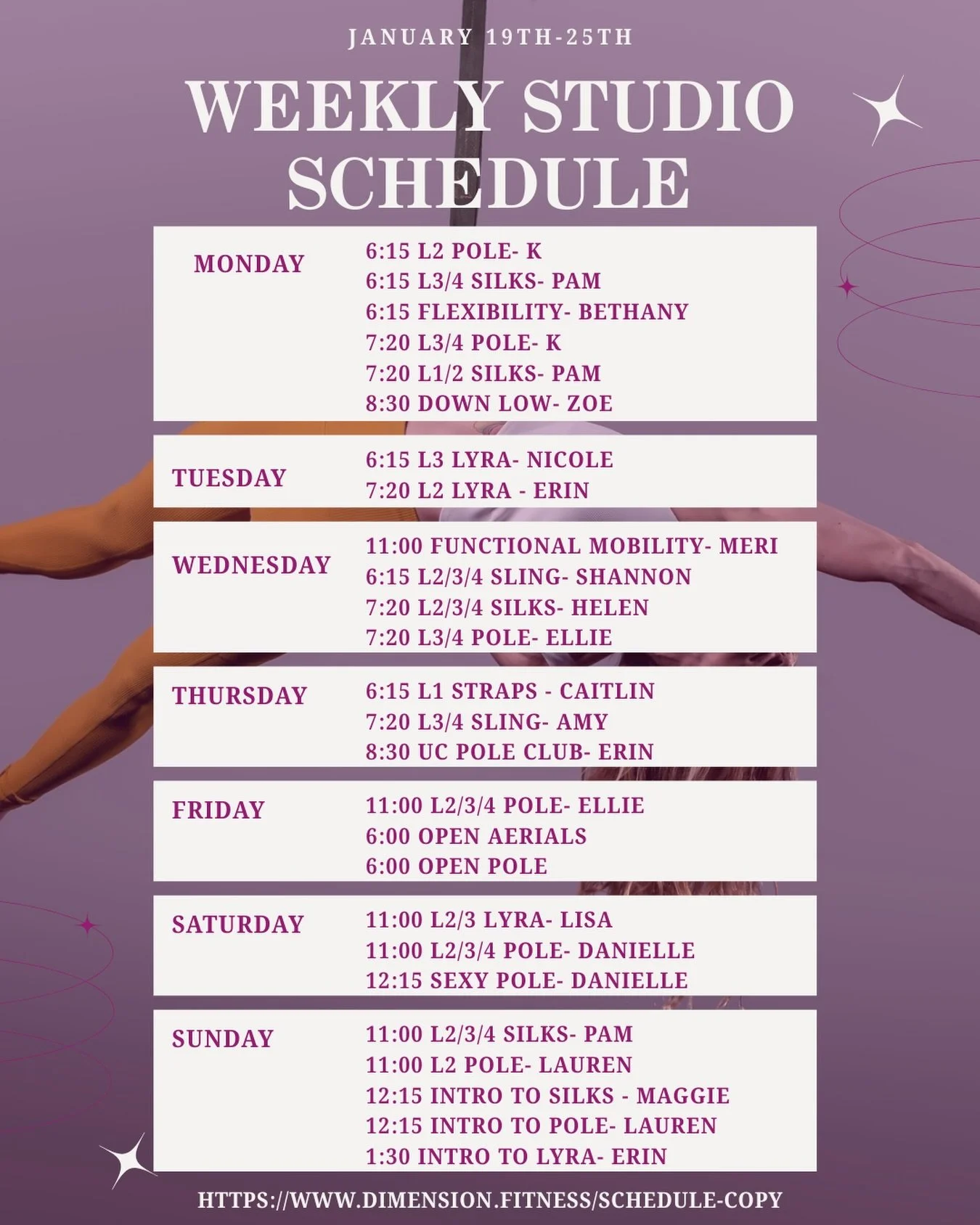 Packed schedule this week! 
Sign up for classes at dimension.fitness 
.
.
.
.
Our instructors 🩷
@poleitical 
@fierydancer15 
@oops.its.boops 
@sistasolee 
@niknat19 
@sagestrengthnutrition 
@sugarspins 
@shanshan6 
@helenaerialaddict 
@ellie.aerials