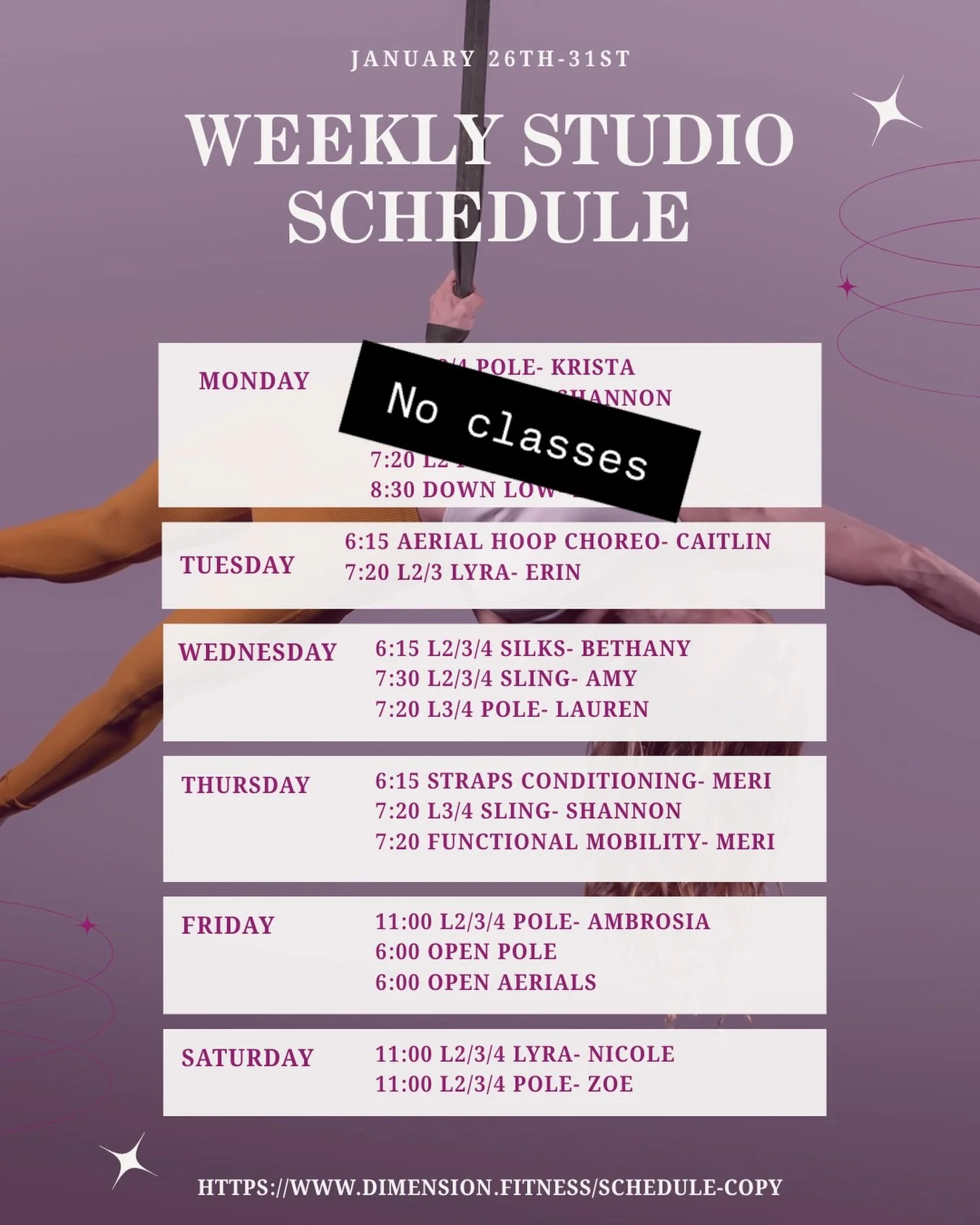 Don&rsquo;t succumb to cabin fever this week! Check out this week&rsquo;s classes! 

Our instructors 💚

@calia.nyx.aerials 
@sage.does.aerials 
@oops.its.boops 
@amy_hzog 
@flying.frooski 
@sugarspins 
@shanshan6 
@theambrosia.experience 
@niknat19 