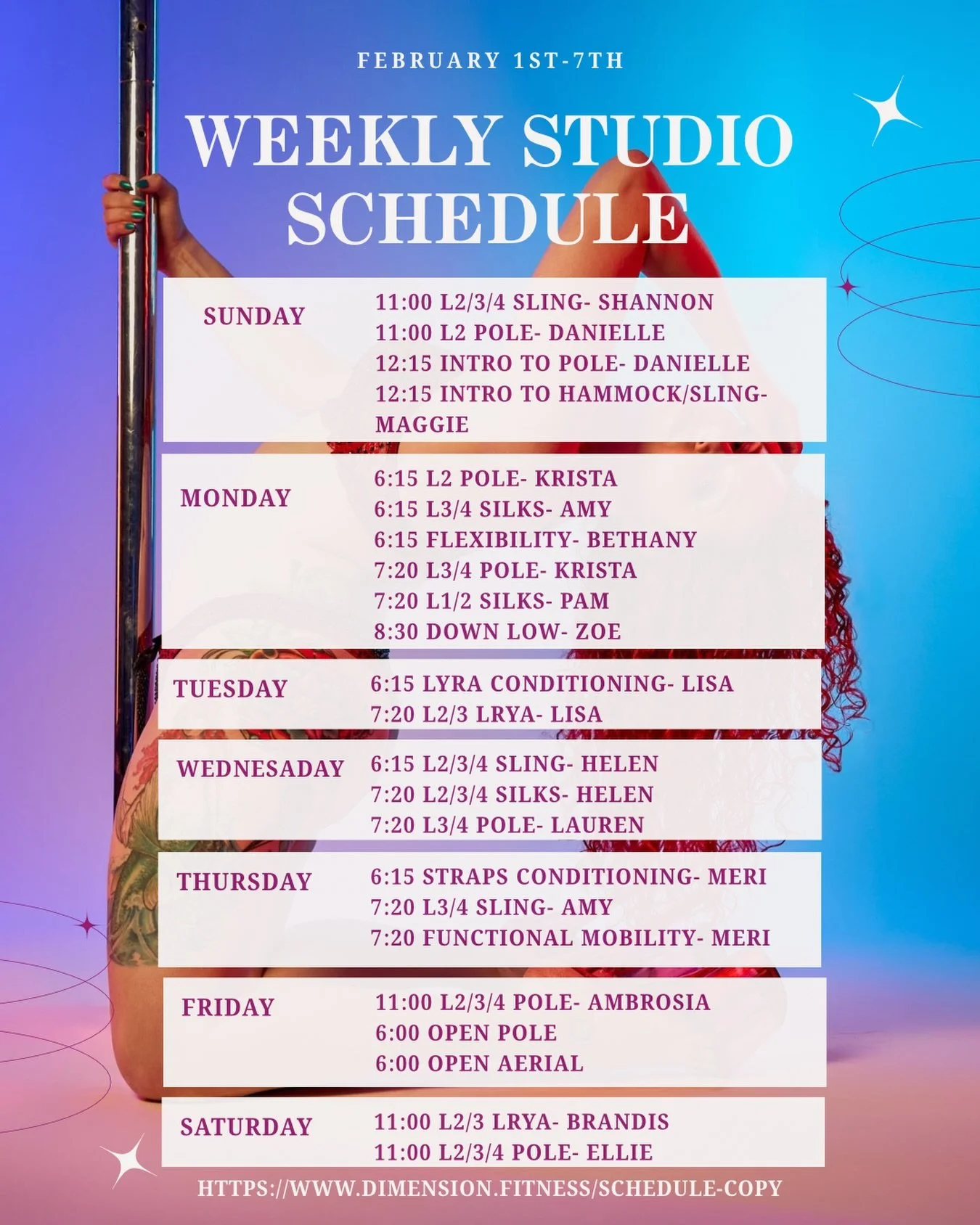 February 1st-7th Schedule

Our instructors 🩷
@shanshan6 
@danielletilliepoledance 
@aerial_ish 
@_theemeraldoasis_ 
@amy_hzog 
@oops.its.boops 
@fierydancer15 
@sistasolee 
@aerialmama 
@helenaerialaddict 
@sugarspins 
@theambrosia.experience 
@bran
