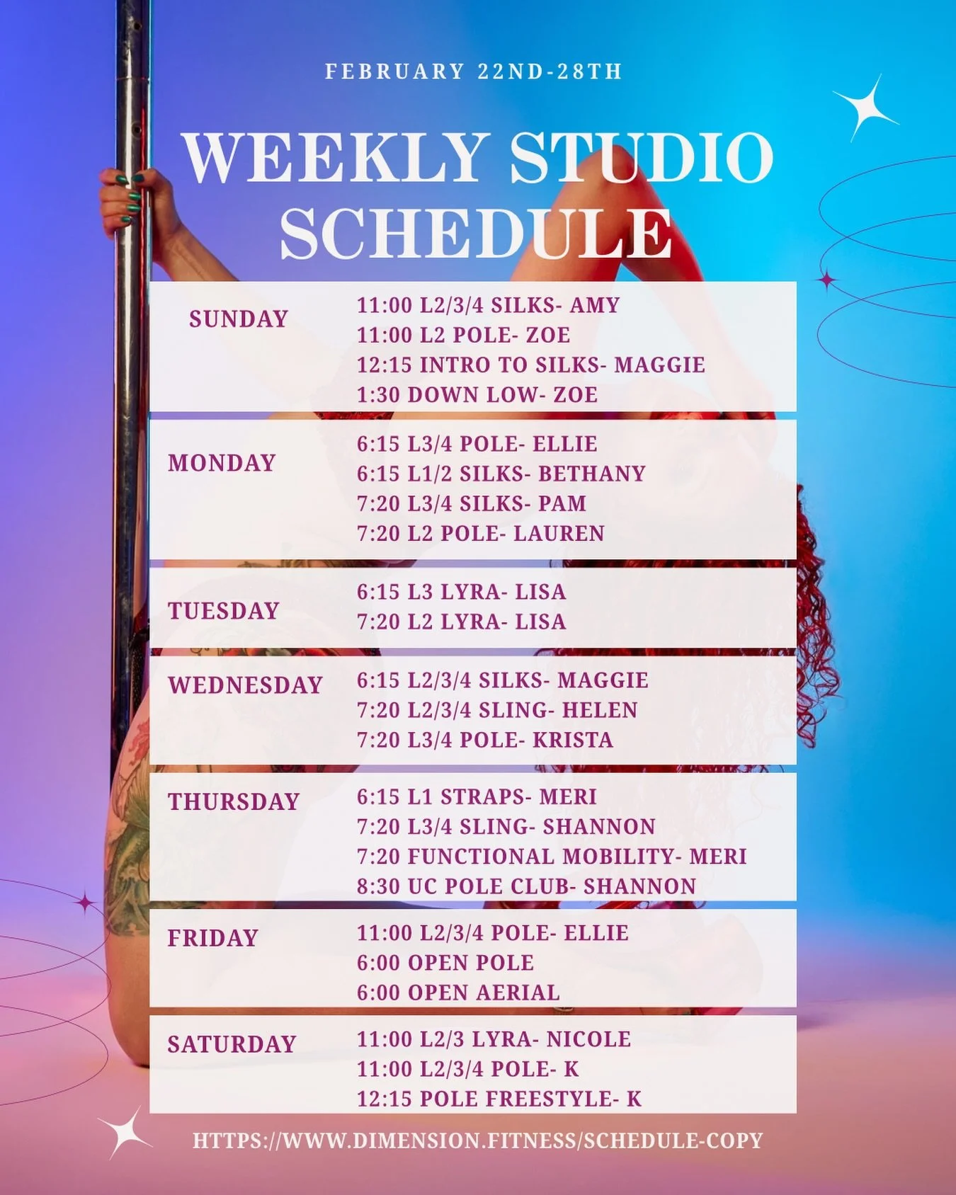 Feb. 22-28 Schedule! 

Some highlights this week!
&bull; Sunday Down Low at 1:30 with @sistasolee 
&bull; Thursday Functional Mobility at 7:20 with @sugarspins 
&bull; Saturday Pole Freestyle at 12:15 with @poleitical 

Sign up at Dimension.Fitness 
