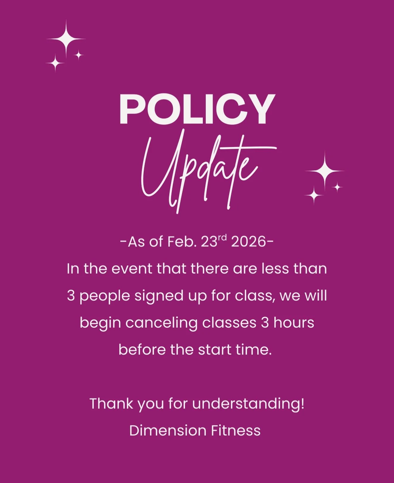 Policy Update 

In the event that we have less than 3 folks signed up for class, class will be canceled 3 hours before the start of class. 

Thank you for understanding!
Dimension Fitness