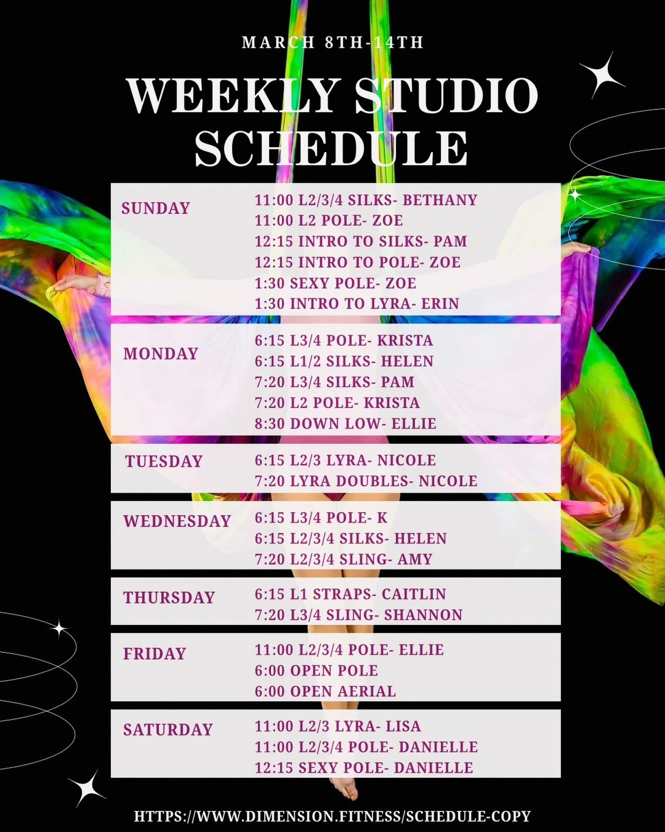 March 8th-14th Weekly Schedule! Get out of the rain and into the studio this week! 

Featured classes this week:
&bull; Sexy Pole Sunday at 1:30 with @sistasolee 
&bull; Lyra Doubles Tuesday at 7:20 with @niknat19 
&bull; Level 1 Straps Thursday at 6