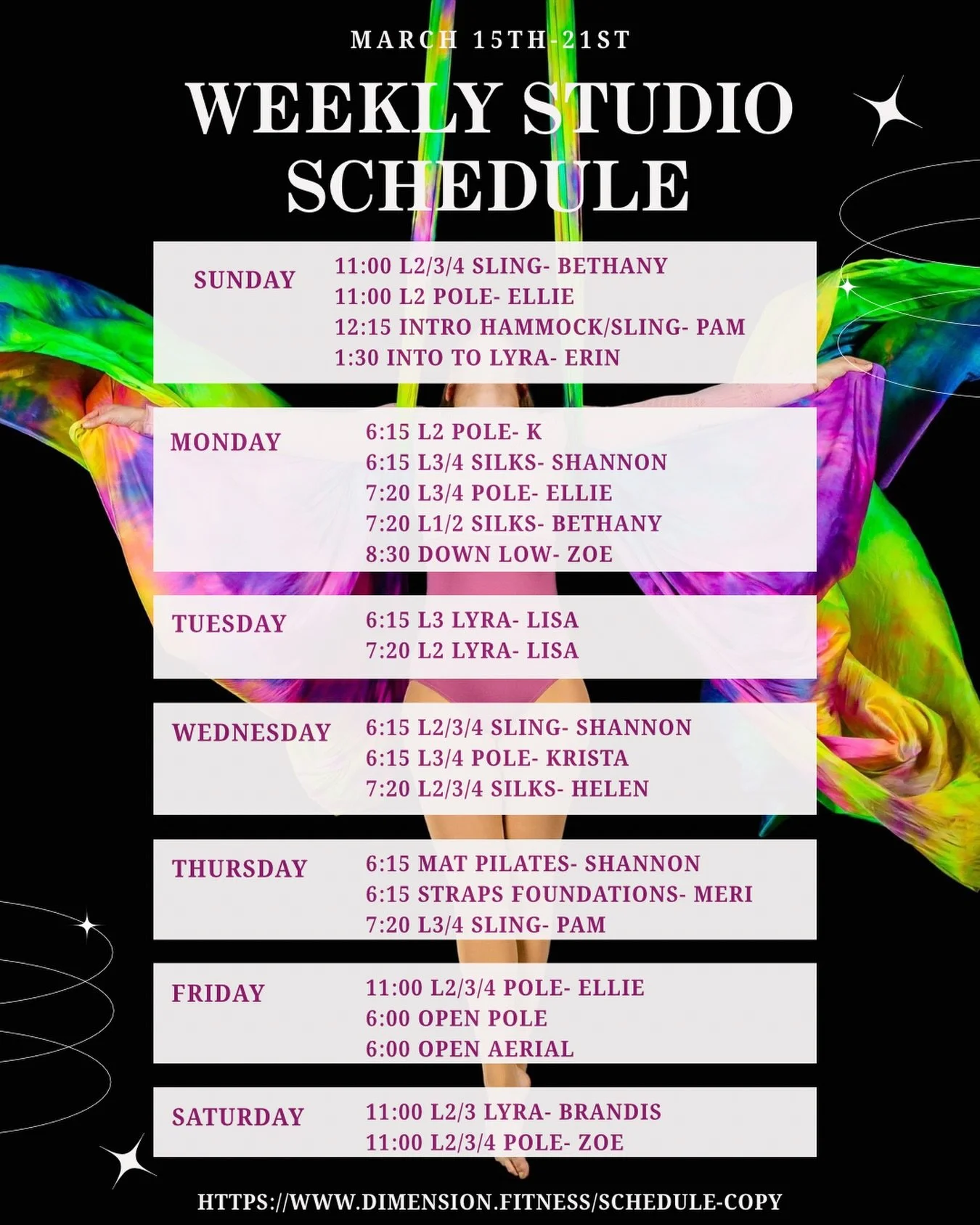 Week of March 15th-21st ☘️ 

Featured classes:
&bull; Intro to Hammock/Sling Sunday at 12:15 with @fierydancer15 
&bull; Down Low Monday at 8:30 with @sistasolee 
&bull; Level 2 Lyra Tuesday at 7:20 with @aerialmama 
&bull; Mat Pilates Thursday at 6:
