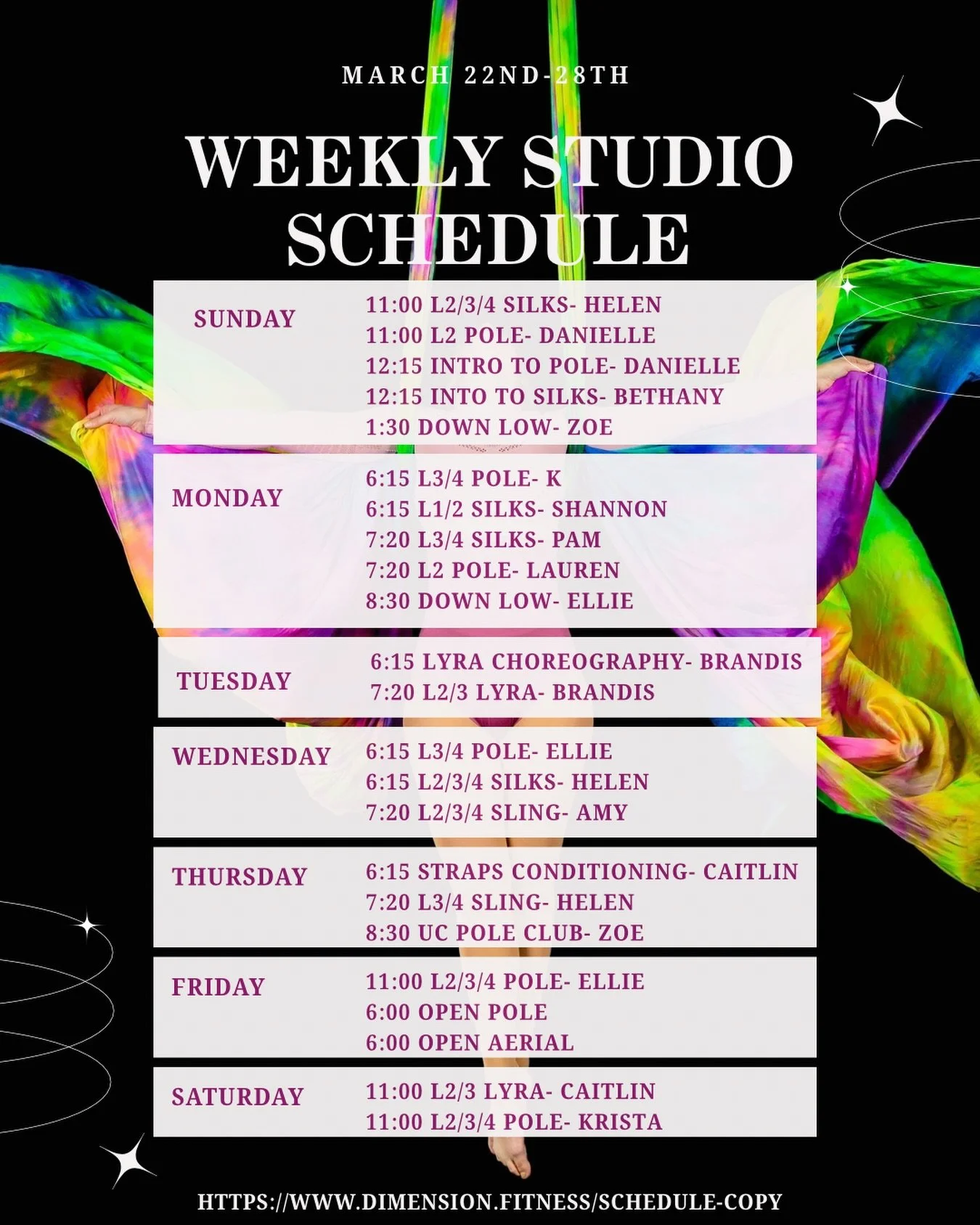 Spring has sprung and we&rsquo;re ready to see you grow in the studio!

Week of March 22nd- 28th 💐

Featured classes:
&bull; Intro to Pole Sunday at 12:15 with @danielletilliepoledance 
&bull; Lyra Choreography Tuesday with @brandisnicole93 
&bull; 