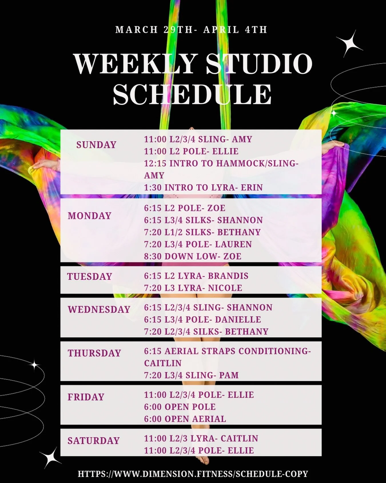 Week of March 29th- April 4th 

Featured Classes: 
&bull; Intro to Hammock on Sunday at 12:15 with @amy_hzog 
&bull; Down Low on Monday at 8:30 with @sistasolee 

Our instructors 🌹
@amy_hzog 
@ellie.aerials 
@sage.does.aerials 
@sistasolee 
@shansha