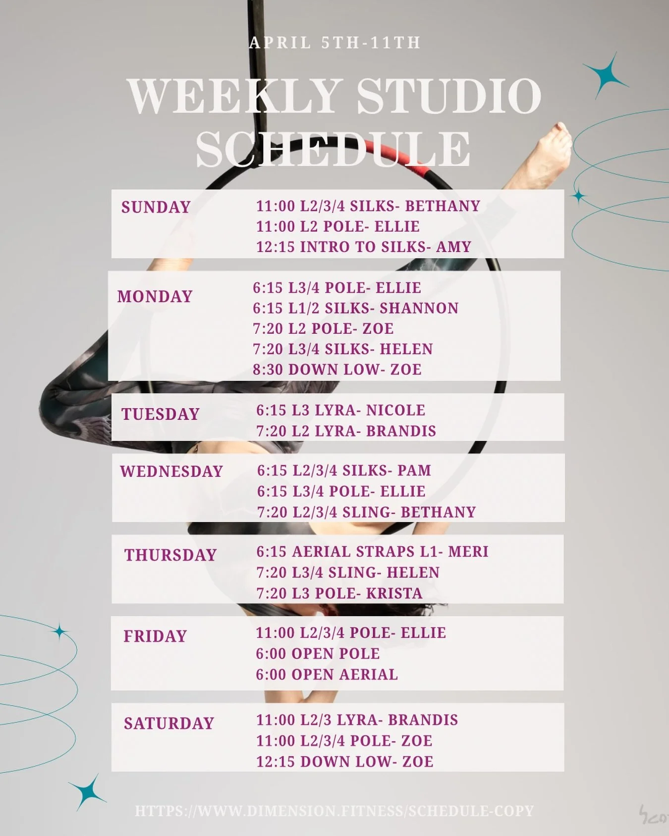 April 5th-11th Weekly Schedule

Featured Classes:
&bull; Intro to Silks Sunday at 12:15 with @amy_hzog 
&bull; L2 Lyra Tuesday at 7:20 with @brandisnicole93 
&bull; L3/4 Pole Wednesday at 6:15 with @ellie.aerials 
&bull; L1 Straps Thursday at 6:15 wi