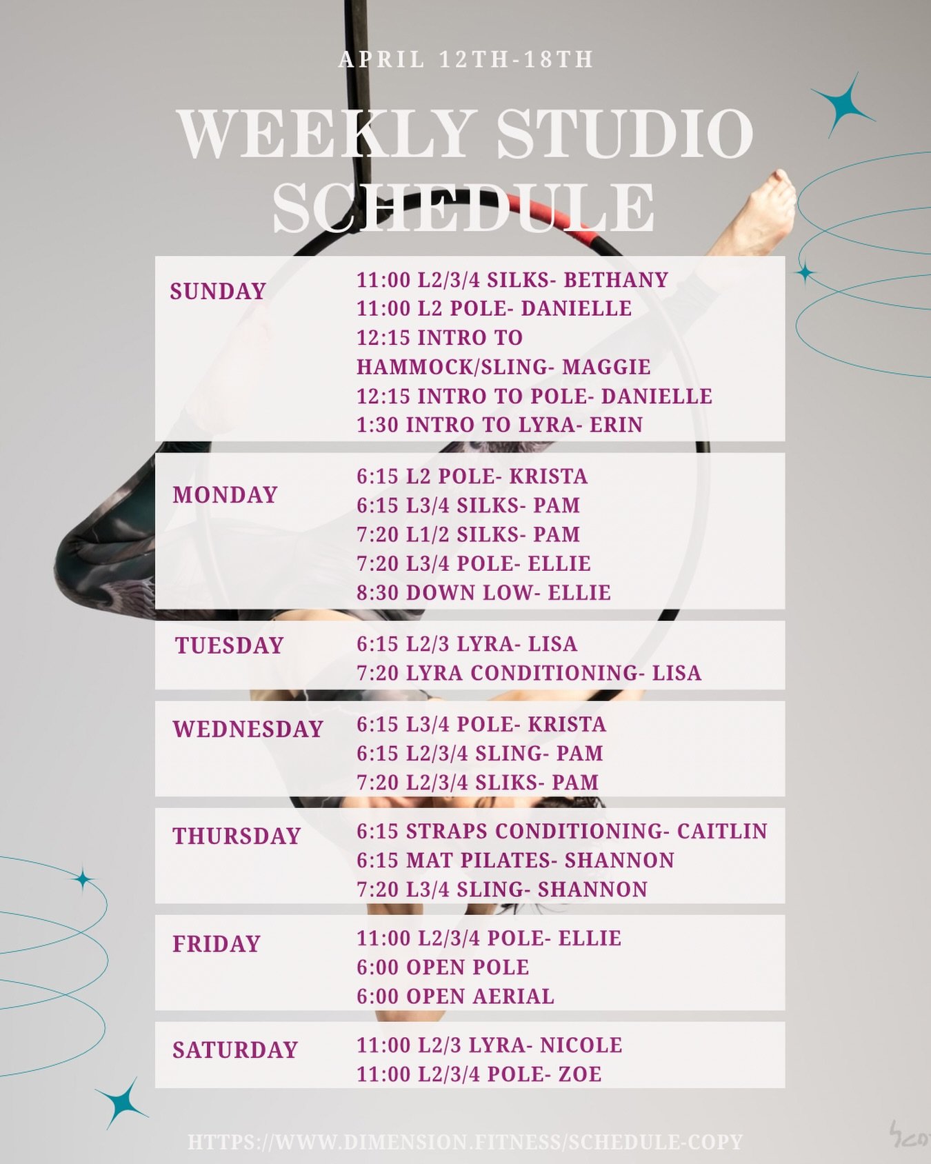April 12th-18th

Featured classes:
&bull; Sunday Intro Classes (Pole, Hammock, Lyra) with @danielletilliepoledance @aerial_ish @sage.does.aerials 
&bull; Down Low Monday at 8:30 with @ellie.aerials 
&bull; Lyra Conditioning Tuesday at 7:30 with @aeri