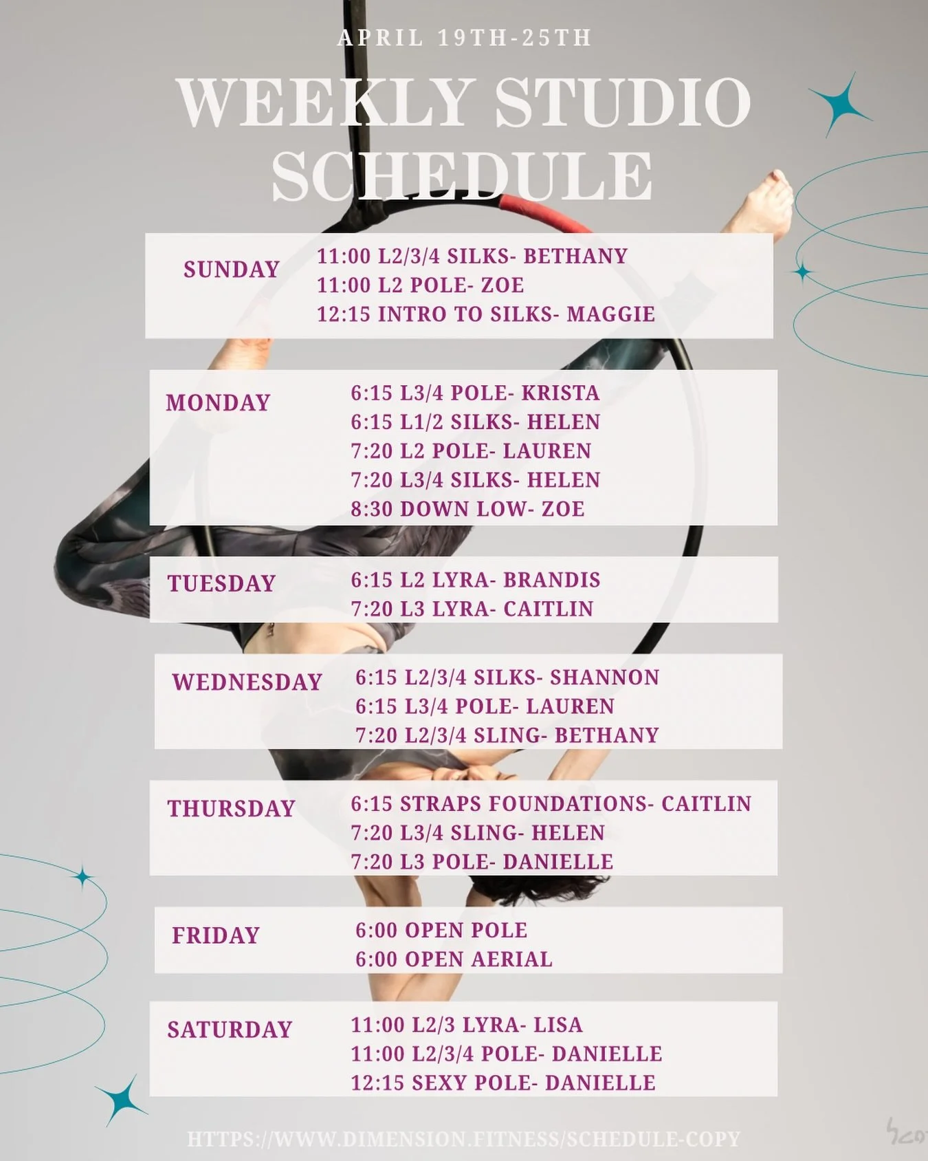 April 19th-25th 
&bull;
&bull;
&bull;
Featured classes:
&bull; Intro to Silks Sunday at 12:15 with @aerial_ish 
&bull; Straps Foundations Thursday at 6:15 with @calia.nyx.aerials 
&bull;
&bull;
&bull;
Our Instructors 
@sistasolee 
@oops.its.boops 
@a