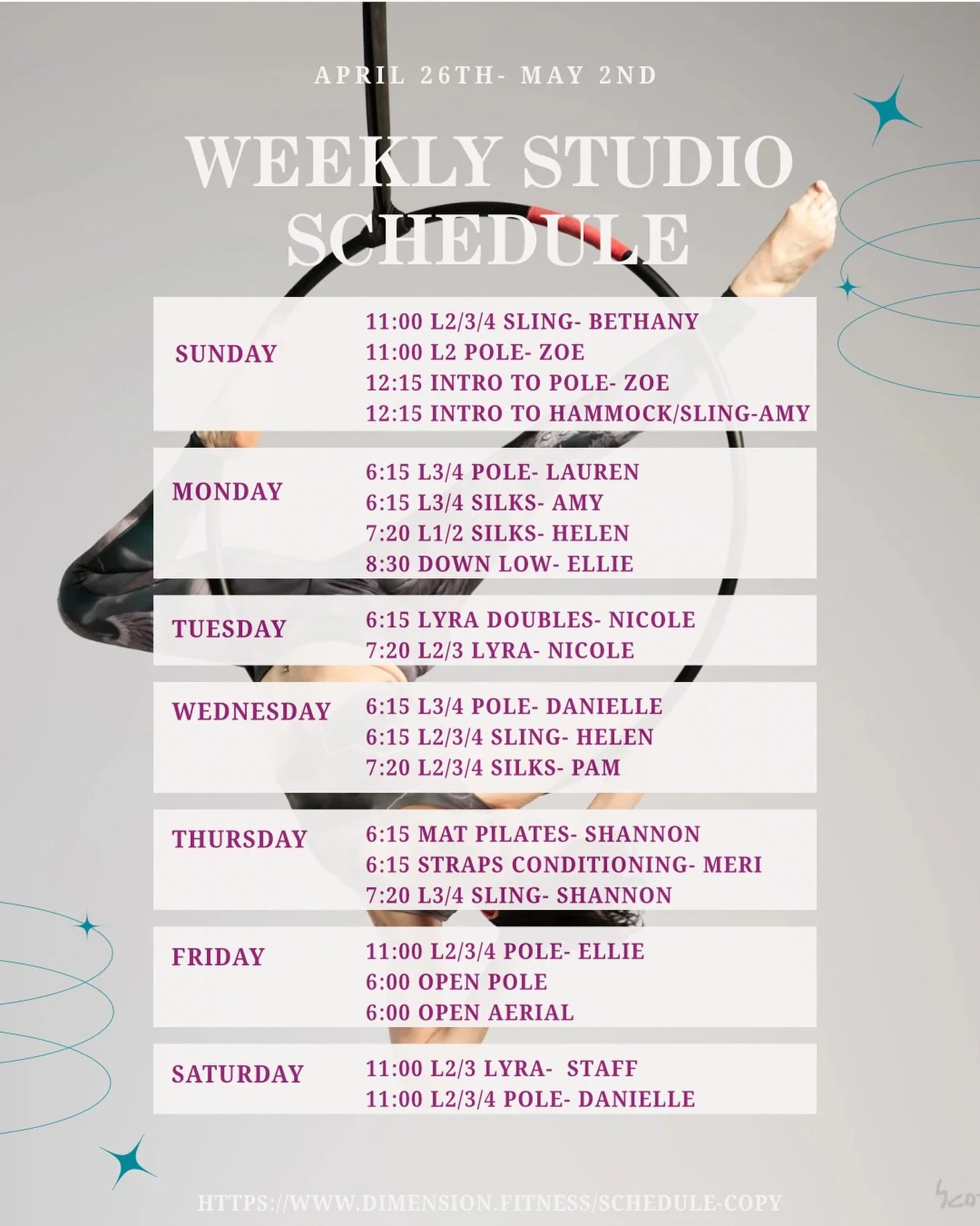 April 26th- May 2nd Weekly Schedule 

Featured classes:
&bull; Intro to Pole and Intro to Hammock Sunday at 12:15 with @sistasolee and @amy_hzog 
&bull; Lyra Doubles Tuesday at 6:15 with @niknat19 
&bull; Straps Conditioning Thursday at 6:15 with @su