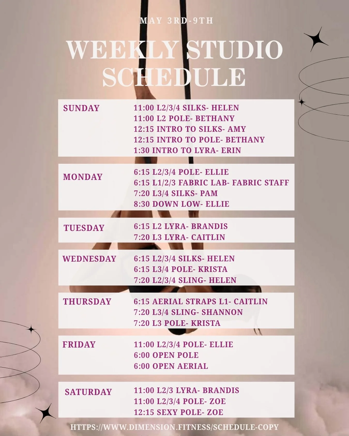 May 3rd- 9th Weekly Schedule

Featured classes:
&bull; L1/2/3 Fabric Lab on Monday at 6:15 This limited time class is similar to an open aerial time but with the support and coaching from our fabrics instructors
&bull; L1 Aerial Straps on Thursday at