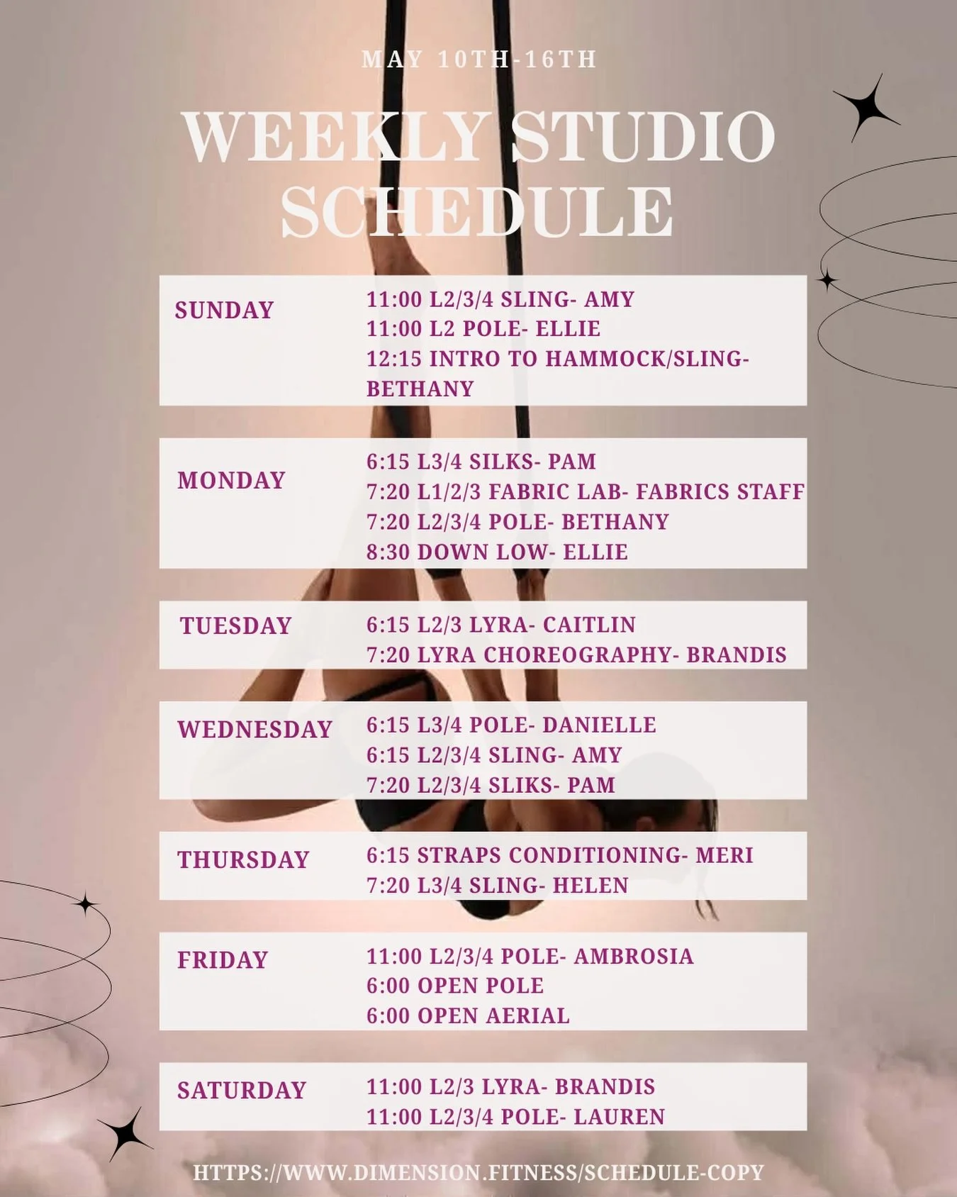 May 10th-16th Weekly Schedule 

Featured classes:
&bull; Intro to Hammock/Sling Sunday at 12:15 with @oops.its.boops 
&bull; Fabric Lab and Down Low Monday at 7:20 and 8:30 with @oops.its.boops and @ellie.aerials 
&bull; Lyra Choreography Tuesday at 