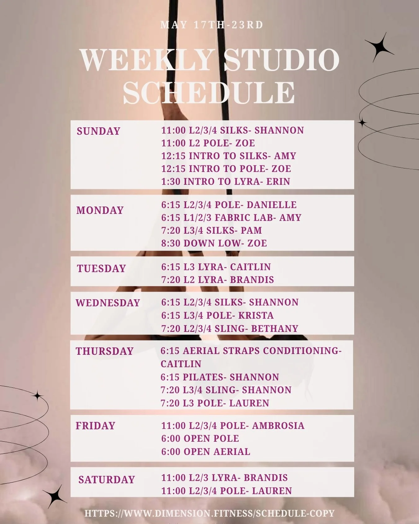 May 17th-23rd Weekly Schedule 

Featured classes:
&bull; Intro to Silks Sunday at 12:15 with @amy_hzog 
&bull; L2 Lyra Tuesday at 7:20 with @brandisnicole93 
&bull; Pilates Thursday at 6:15 with @shanshan6 

Our instructors 🙌
@shanshan6 
@sistasolee