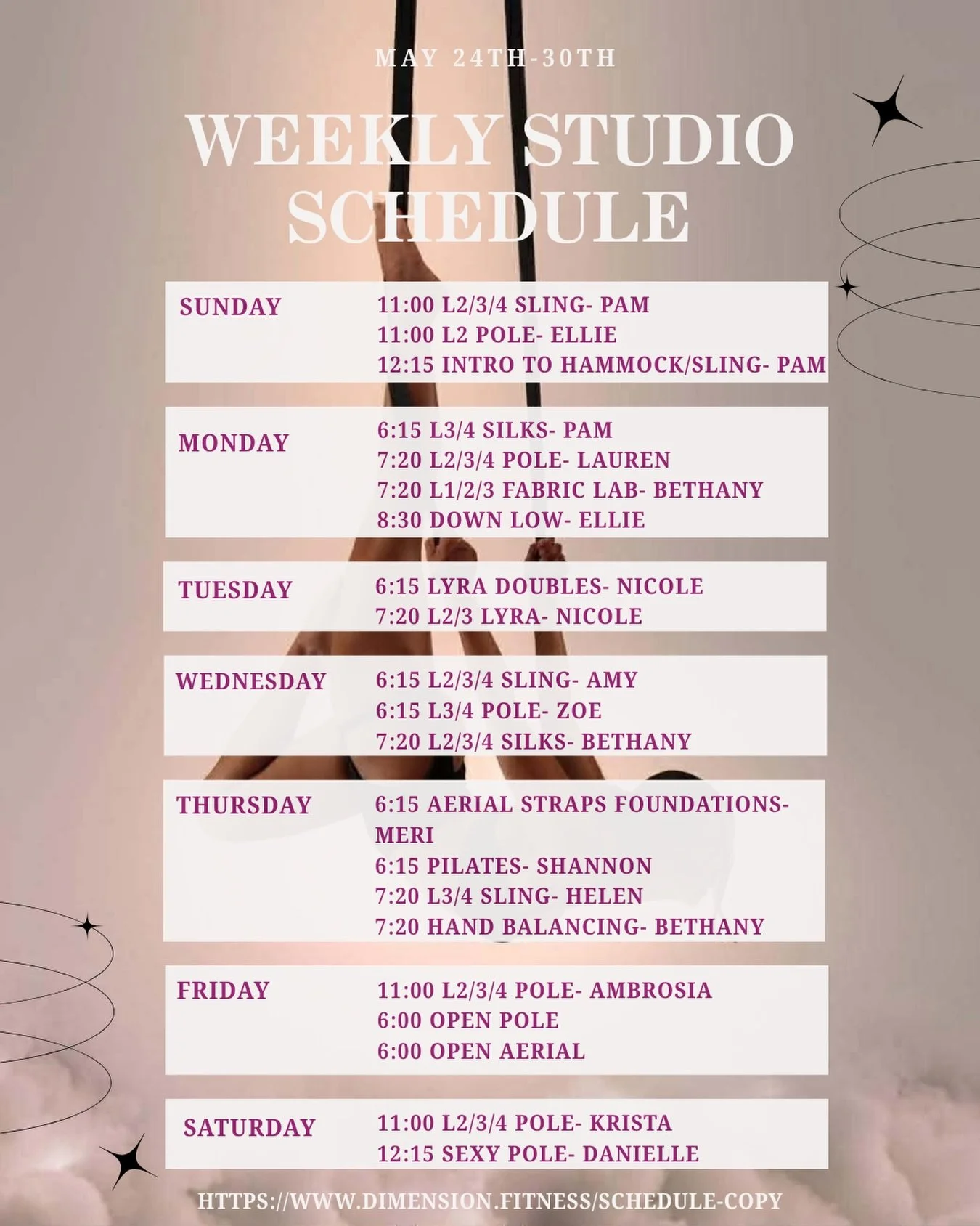 May 24th- 30th Weekly Schedule 

Featured classes: 
&bull; Intro to Hammock/Sling at 12:15 on Sunday with @fierydancer15 
&bull; L2/3/4 Silks at 7:20 on Wednesday with @oops.its.boops 
&bull; L2/3/4 Pole at 11:00 on Saturday with @_theemeraldoasis_ 
