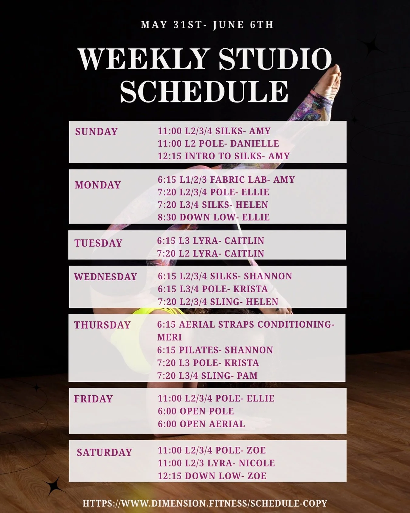 Summertime Energy is here!!! 

Our summer time deals start this week. If interested please contact us at dimension.fitness or chat with one of our instructors at the studio!

May 31st- June 6th Weekly Schedule 

Featured classes:
&bull; Intro to Silk