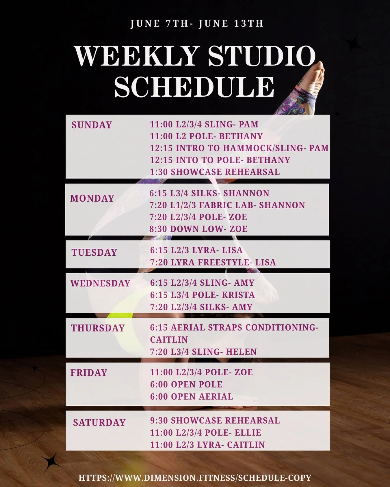 June 7th- June 13th Weekly Schedule 

Featured classes:
&bull; Intro to Hammock/Sling Sunday at 12:15 with @fierydancer15 
&bull; Lyra Freestyle Tuesday at 7:20 with @aerialmama 
&bull; Aerial Straps Conditioning Thursday at 6:15 with @calia.nyx.aeri