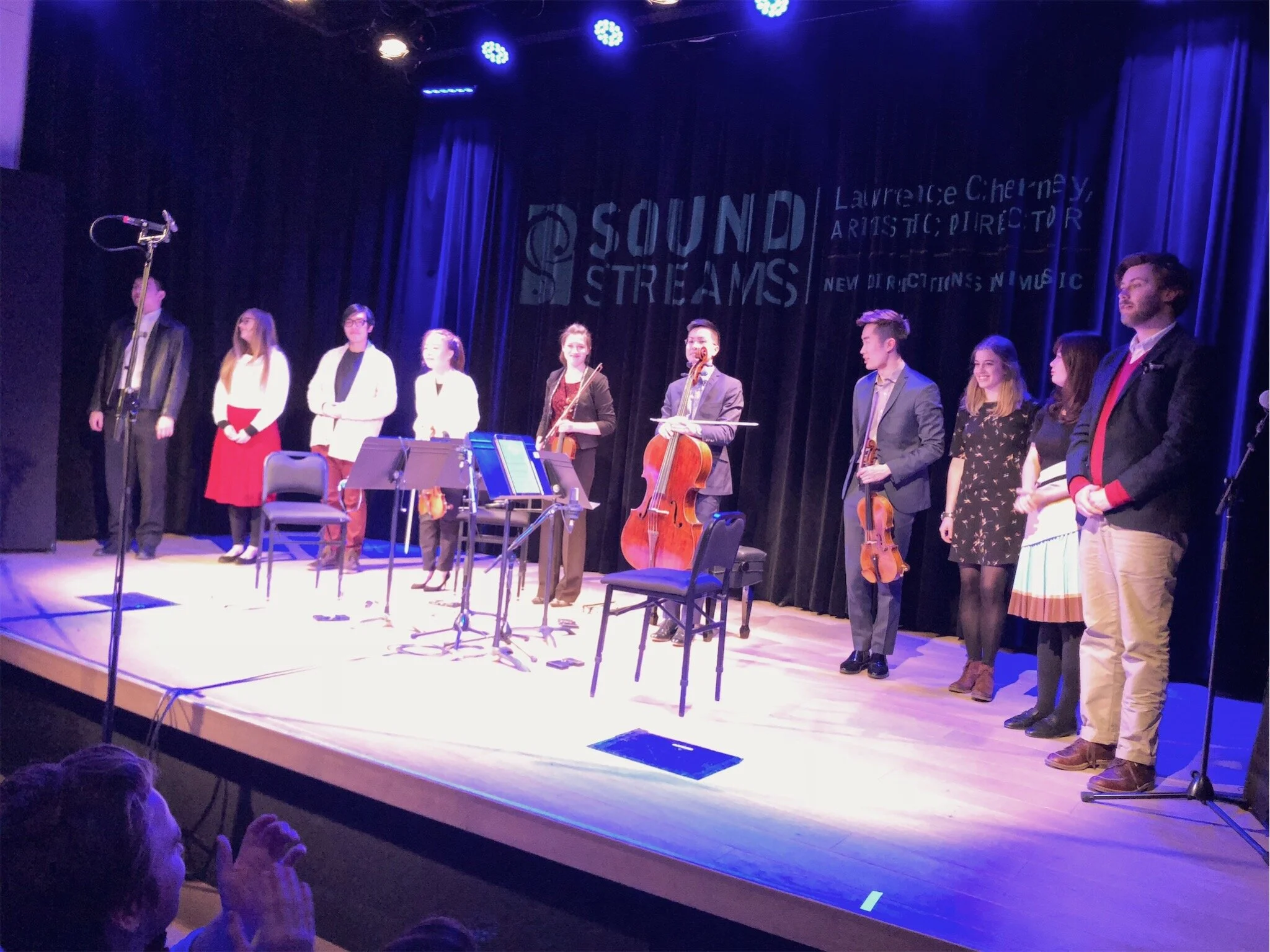 All six composer fellows from the Soundstreams Emerging Composers Workshop (now called RBC Bridges) with the Rolston String Quartet after the final performance.